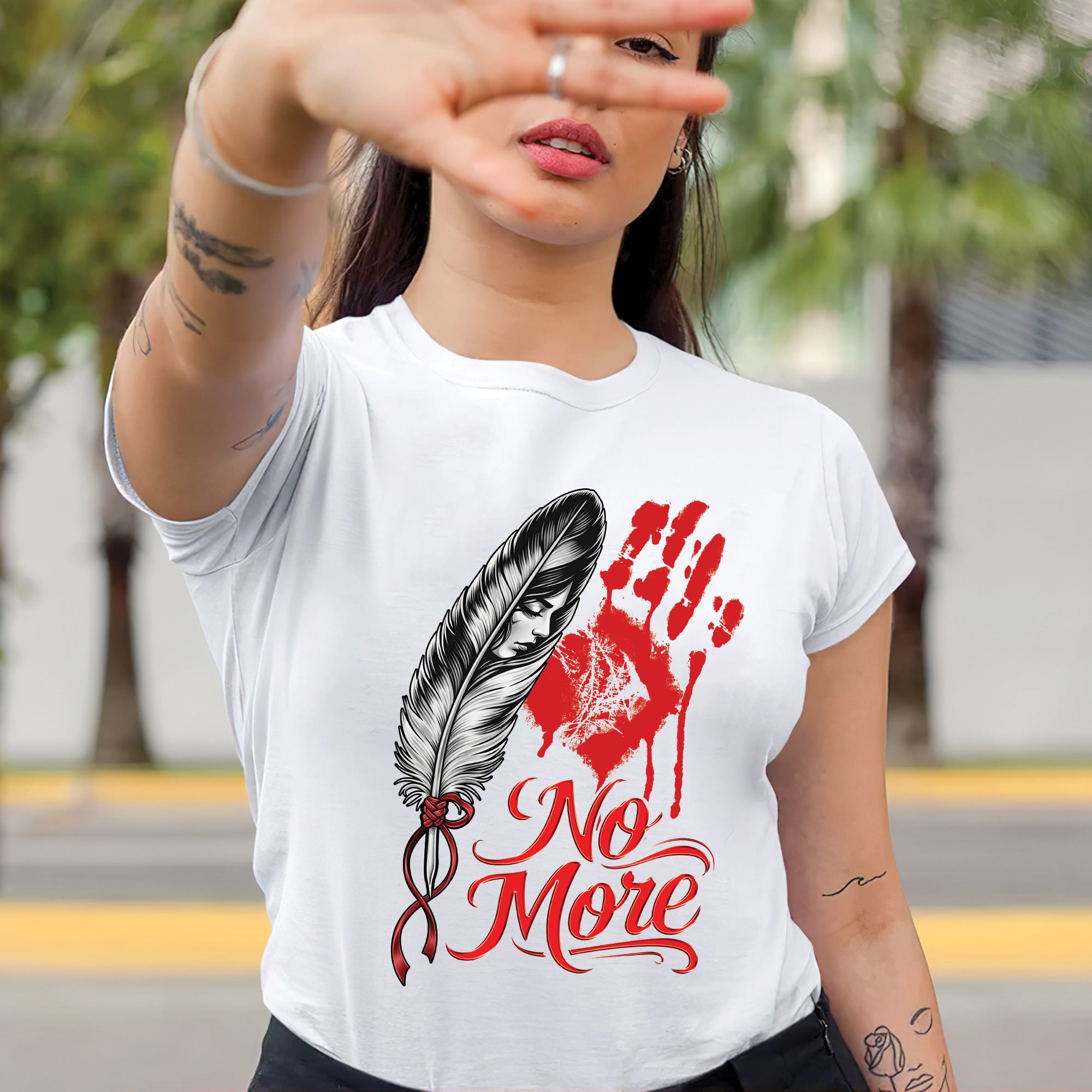 No More MMIW Awareness - Native American Feather & Handprint Design Unisex T-shirt/T-shirt V-Neck/Hoodie/Sweatshirt