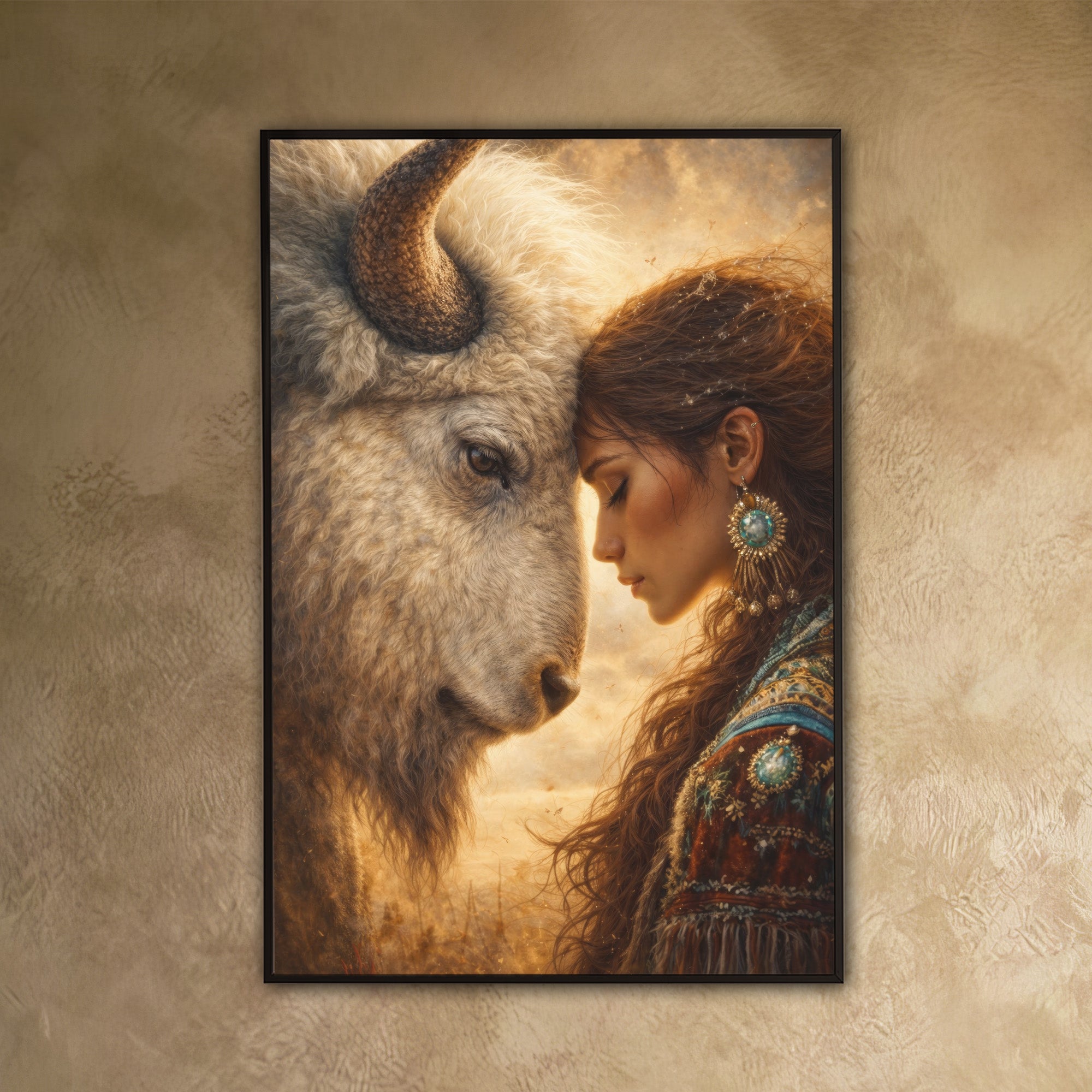 Sacred Bond of Indigenous Woman and Bison – Native American Art Poster/Canvas