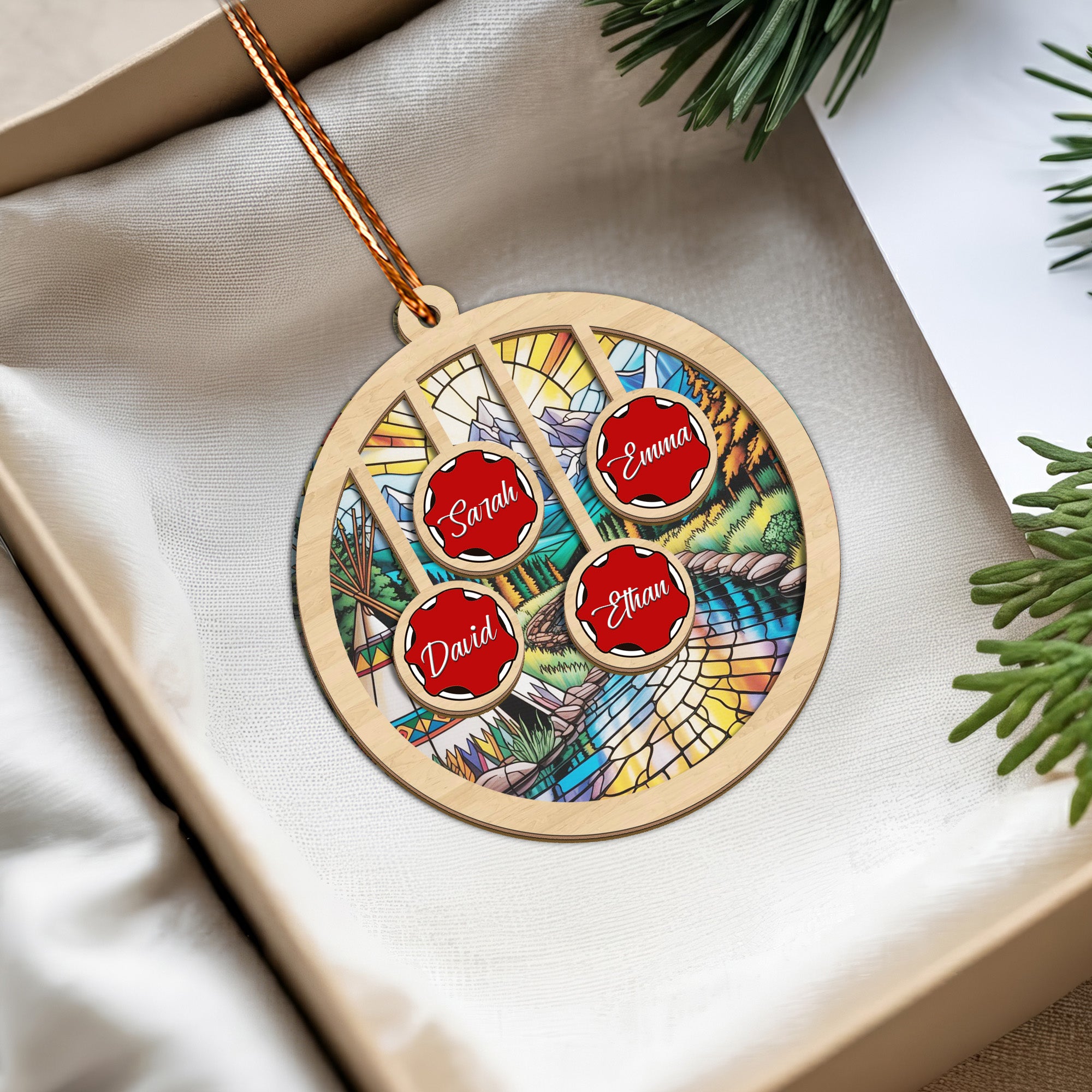 Native Teepee and Nature Family Ornament Unique Christmas Gift Decor Wood and Acrylic (Custom Name)