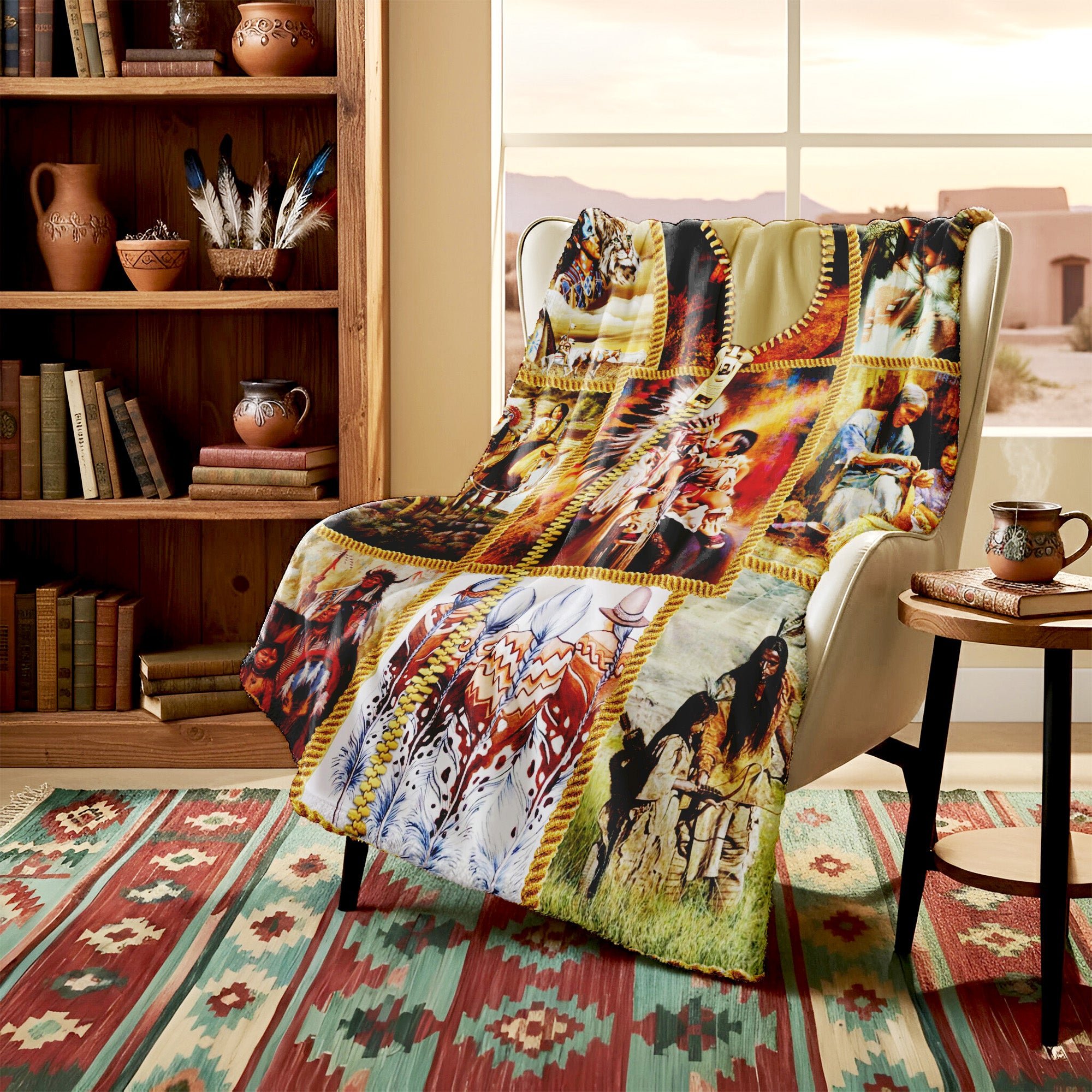 Native American Style Indigenous Family Soft and Warm Premium Fleece Blanket