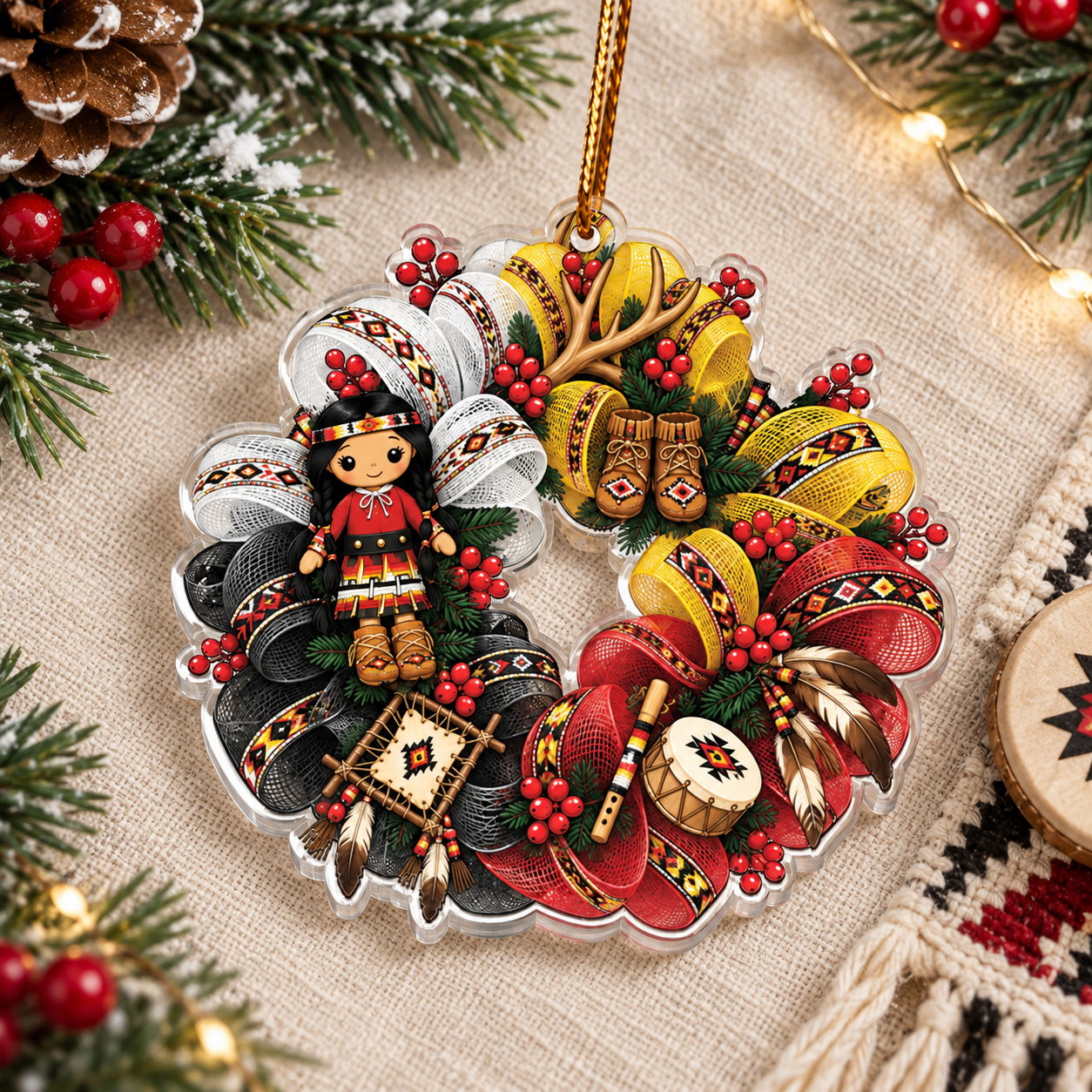 Indigenous Girl Tribal Wreath Acrylic Ornament - Unique Gift Decor Flat Acrylic