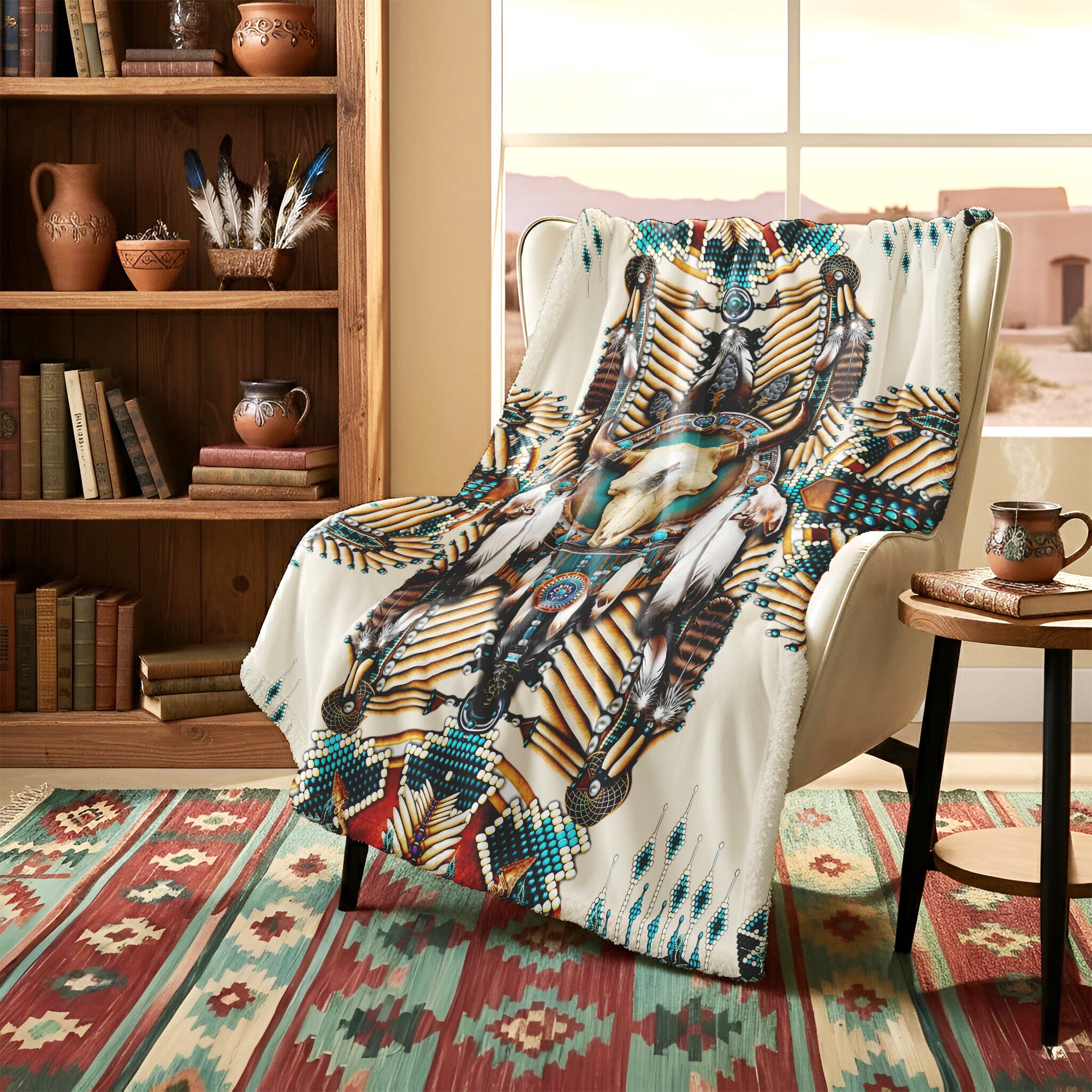 Native American Buffalo Head Motifs Premium Fleece Blanket, Turiquoise Native Indian Pattern Feather Fleece Blanket