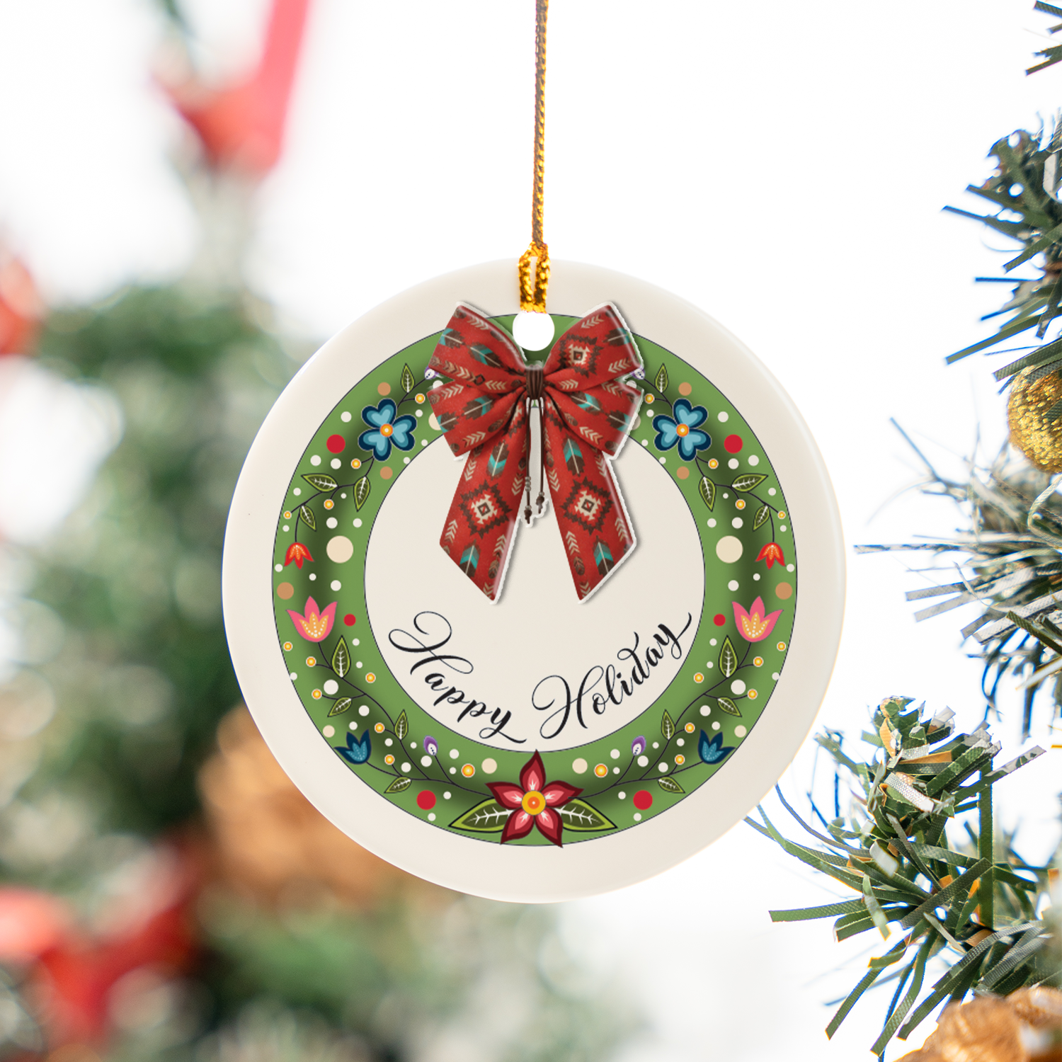 Tribal Bow Wreath Ceramic & Acrylic Round Ornament Native-Inspired Holiday Decor