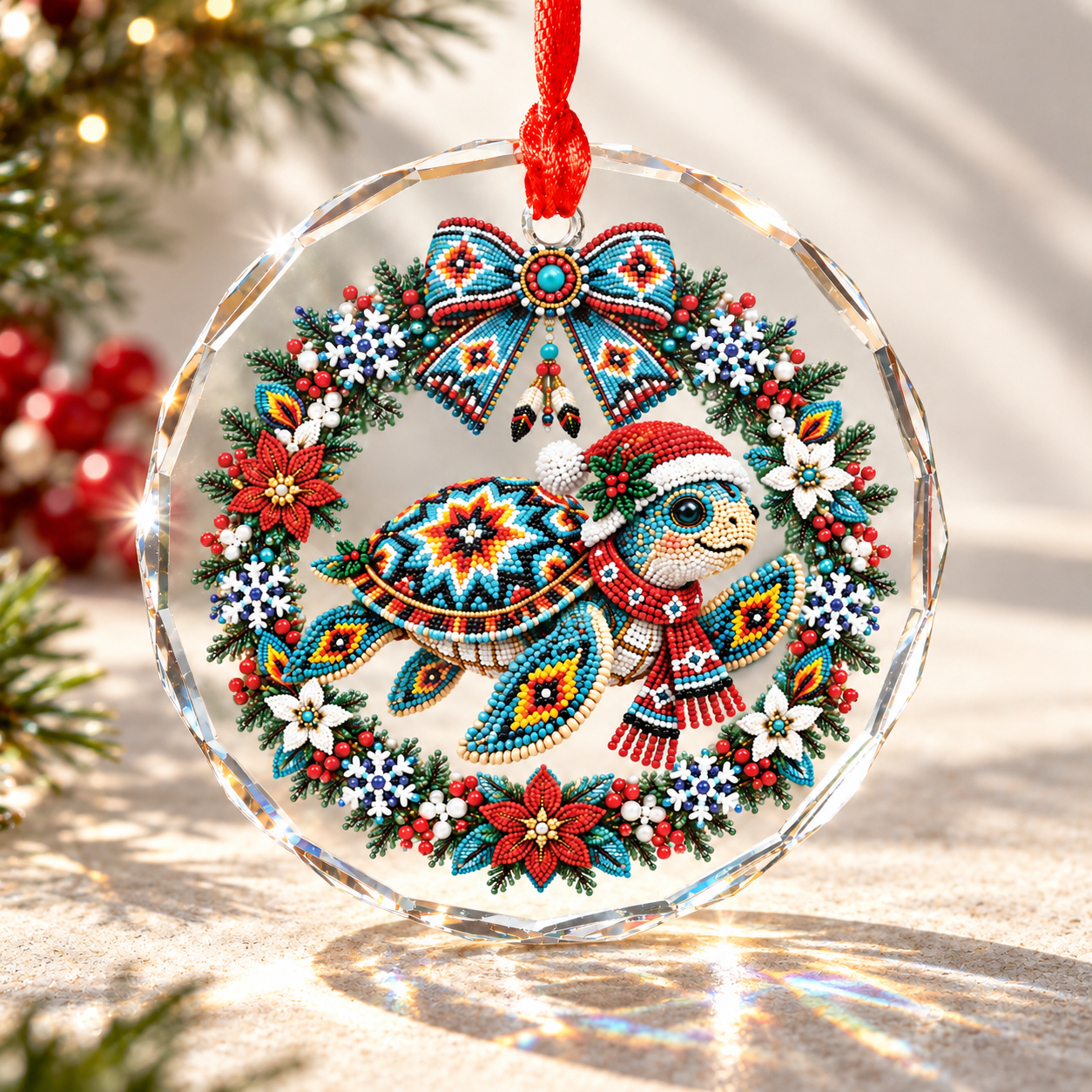 Native Beaded Turtle Santa Glass Ornament – Indigenous Art Decor