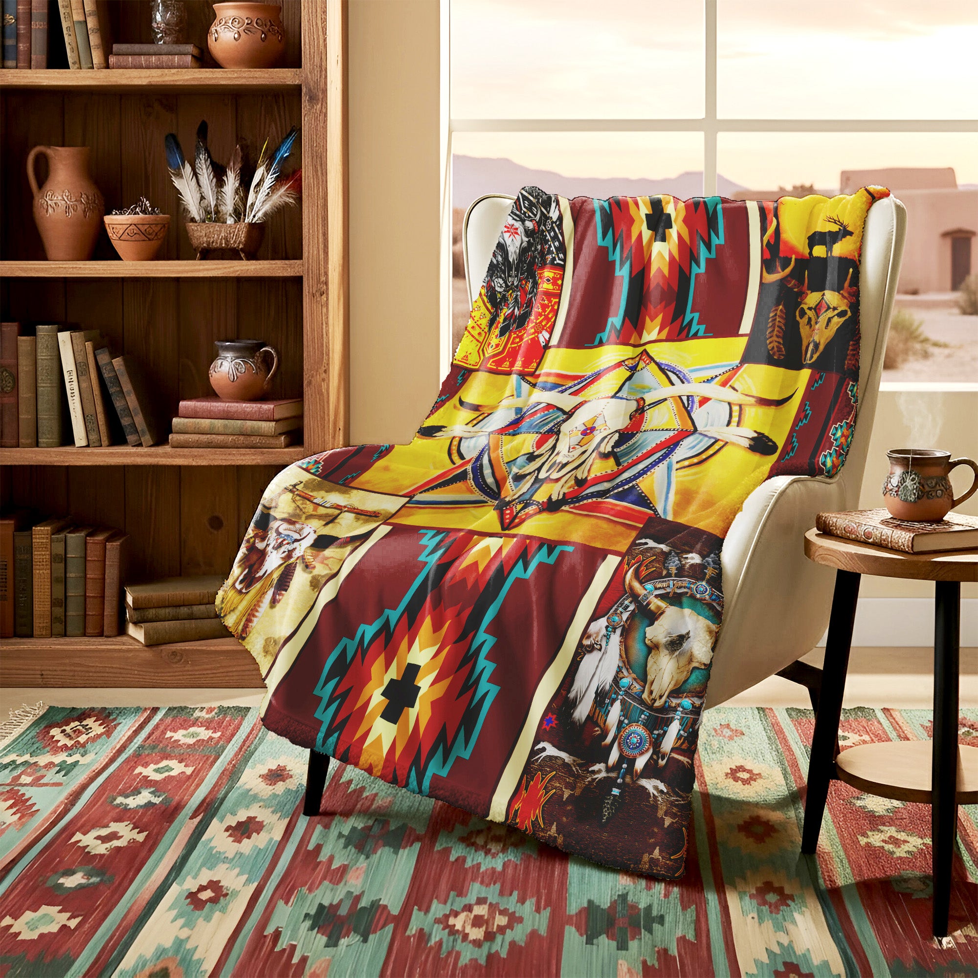 Native American Style Yellow Buffalo Symbols Soft and Warm Premium Fleece Blanket