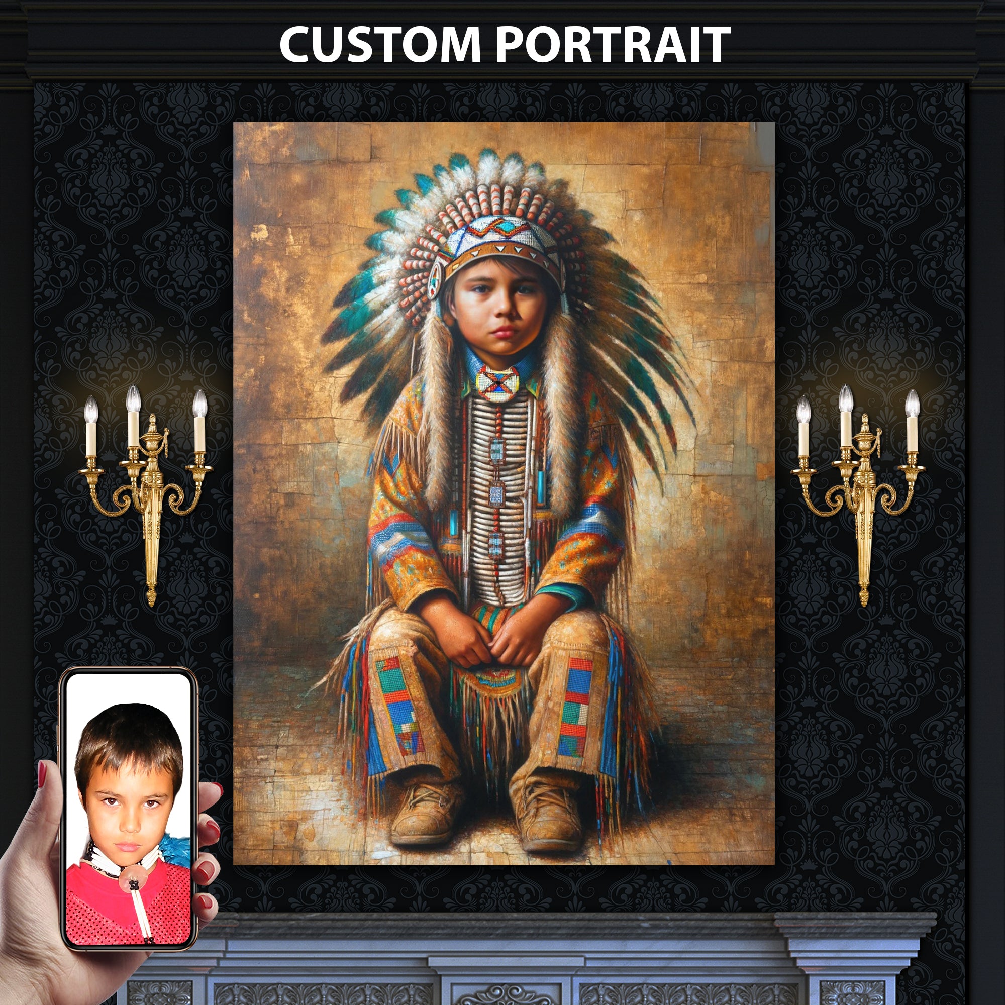 Custom Native American Child Photo Canvas Art Gift Home Decor