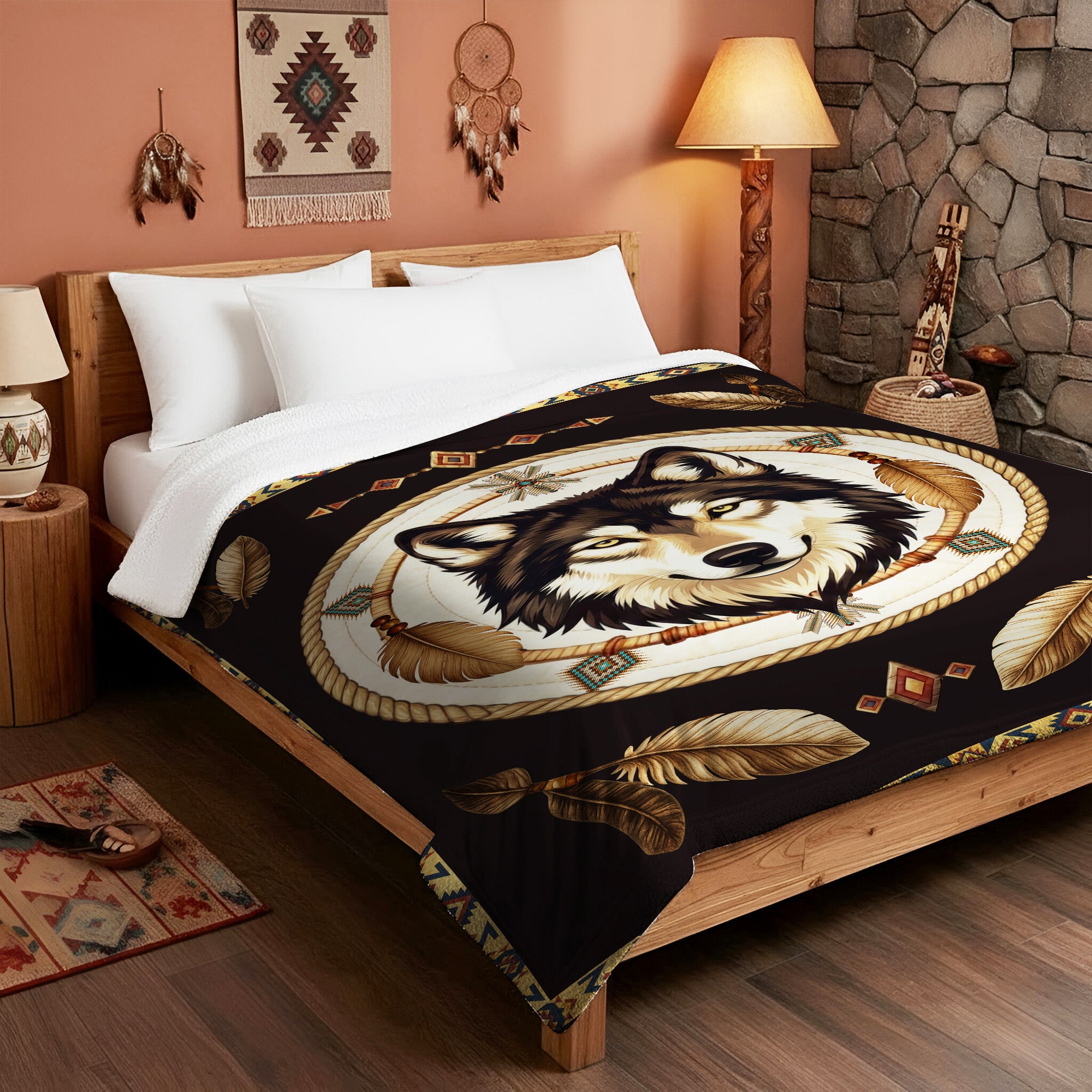 Native Wisdom Wolf Throw Native American Cozy Fleece Blanket