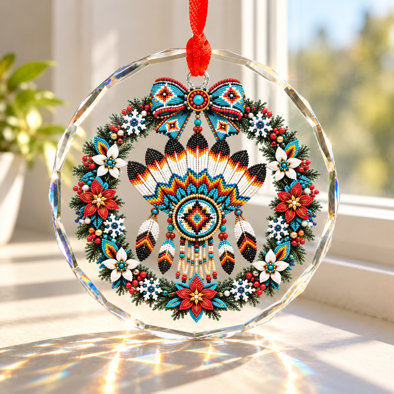 Native Beaded Chief Headdress Glass Ornament – Indigenous Art Decor