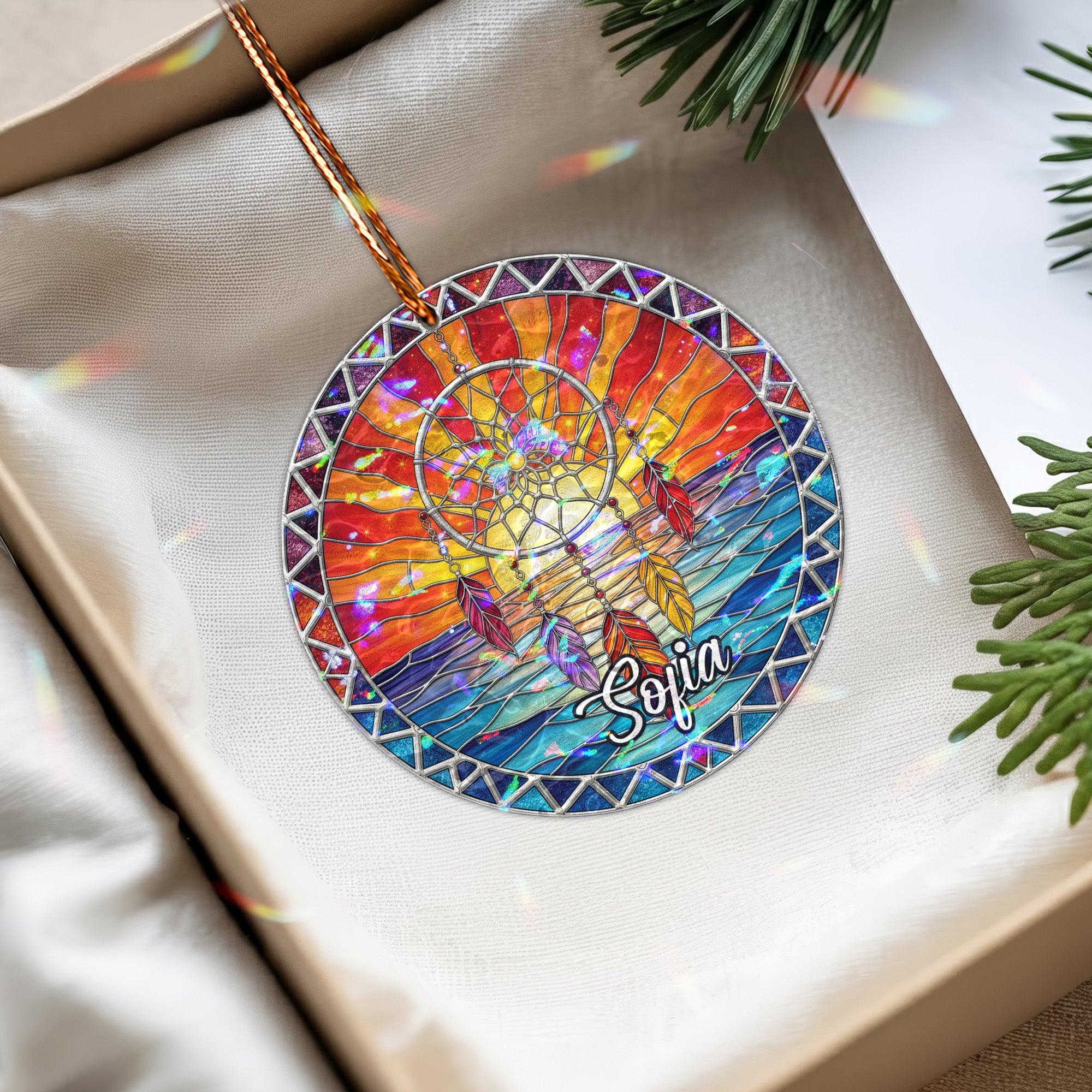 Sunset Waves Dreamcatcher Acrylic Suncatcher Ornament Unique Christmas Gift Decor (Custom Name)
