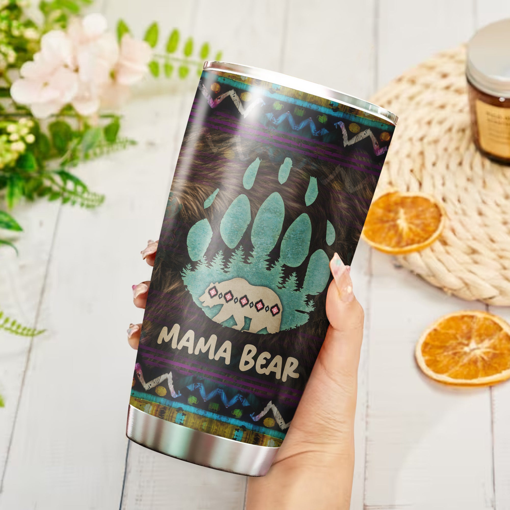 Native American Mama Bear Tumbler Stainless Steel Drinking Cup (Custom Name Design)