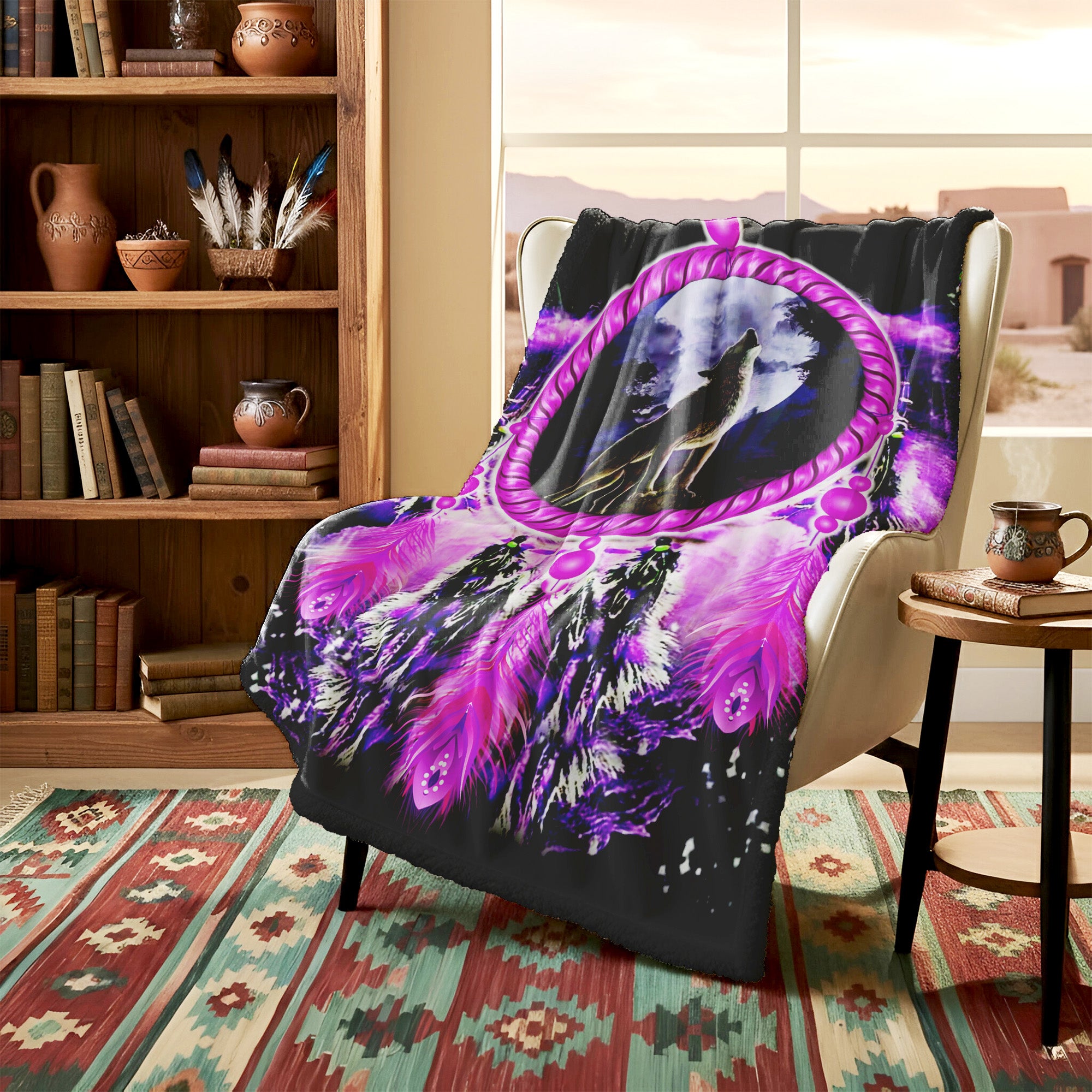 Native American Style Purple Wolf Dream Soft And Warm Premium Fleece Blanket