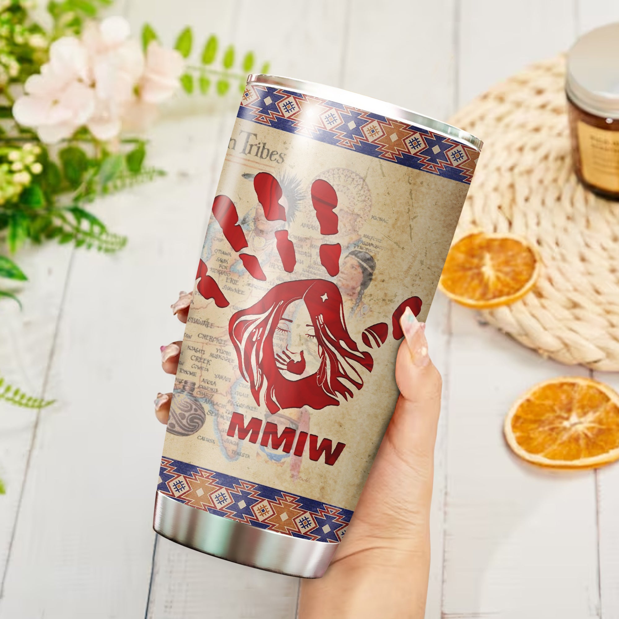 MMIW Red Hand and Maps Native American Tumbler Stainless Steel Drinking Cup