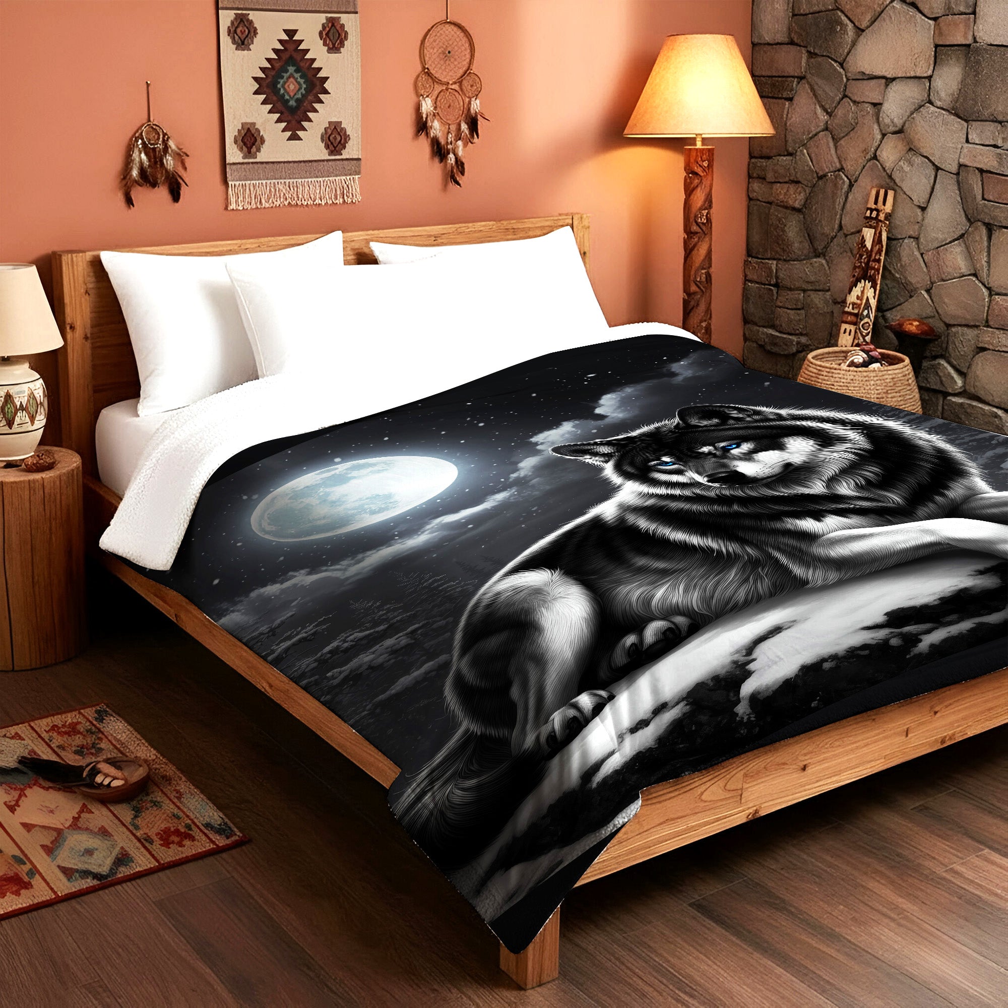 Sacred Wolf Under the Moon Native American Cozy Fleece Blanket