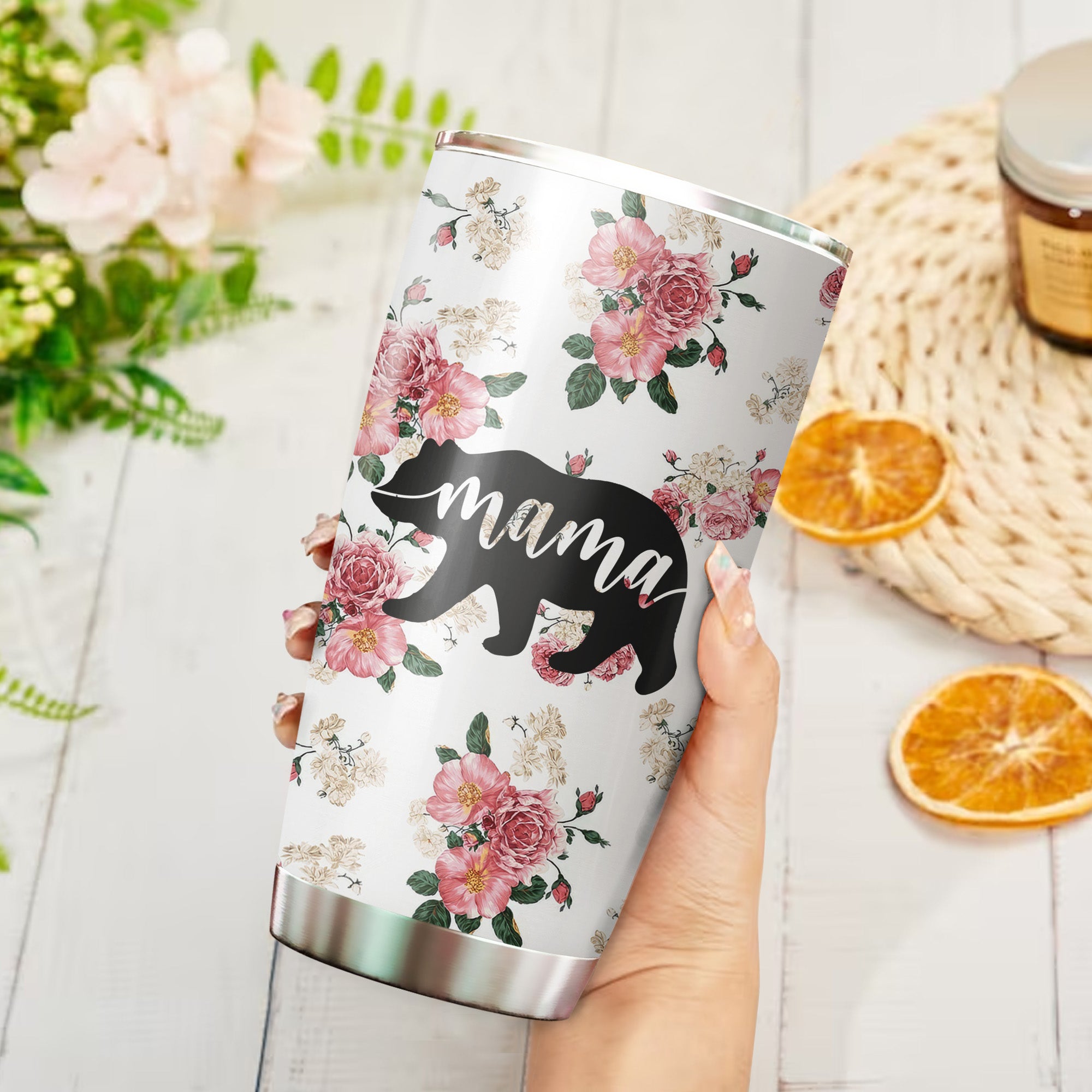 Native AmericanMama Bear Floral Tumbler Stainless Steel Drinking Cup