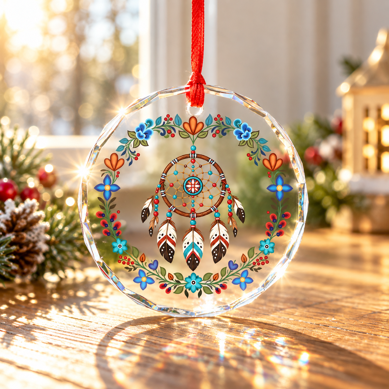 Native Floral Dreamcatcher Glass Ornament – Indigenous Art Decor