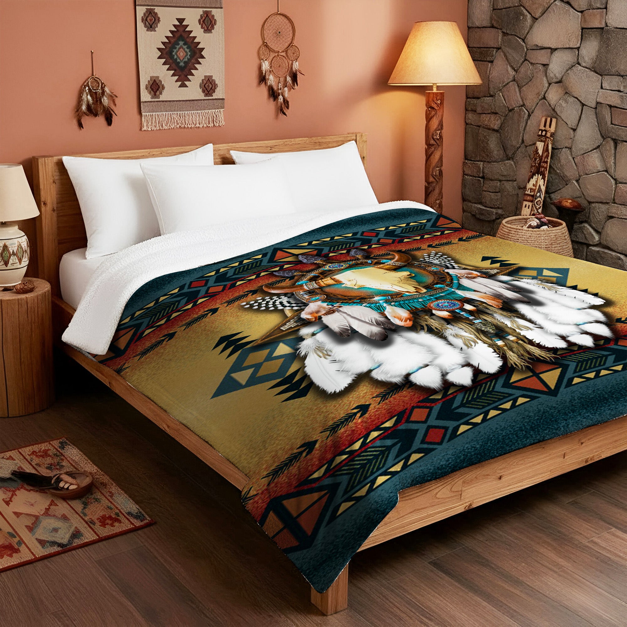 Native American Style Bull Patterns Soft and Warm Fleece Blanket
