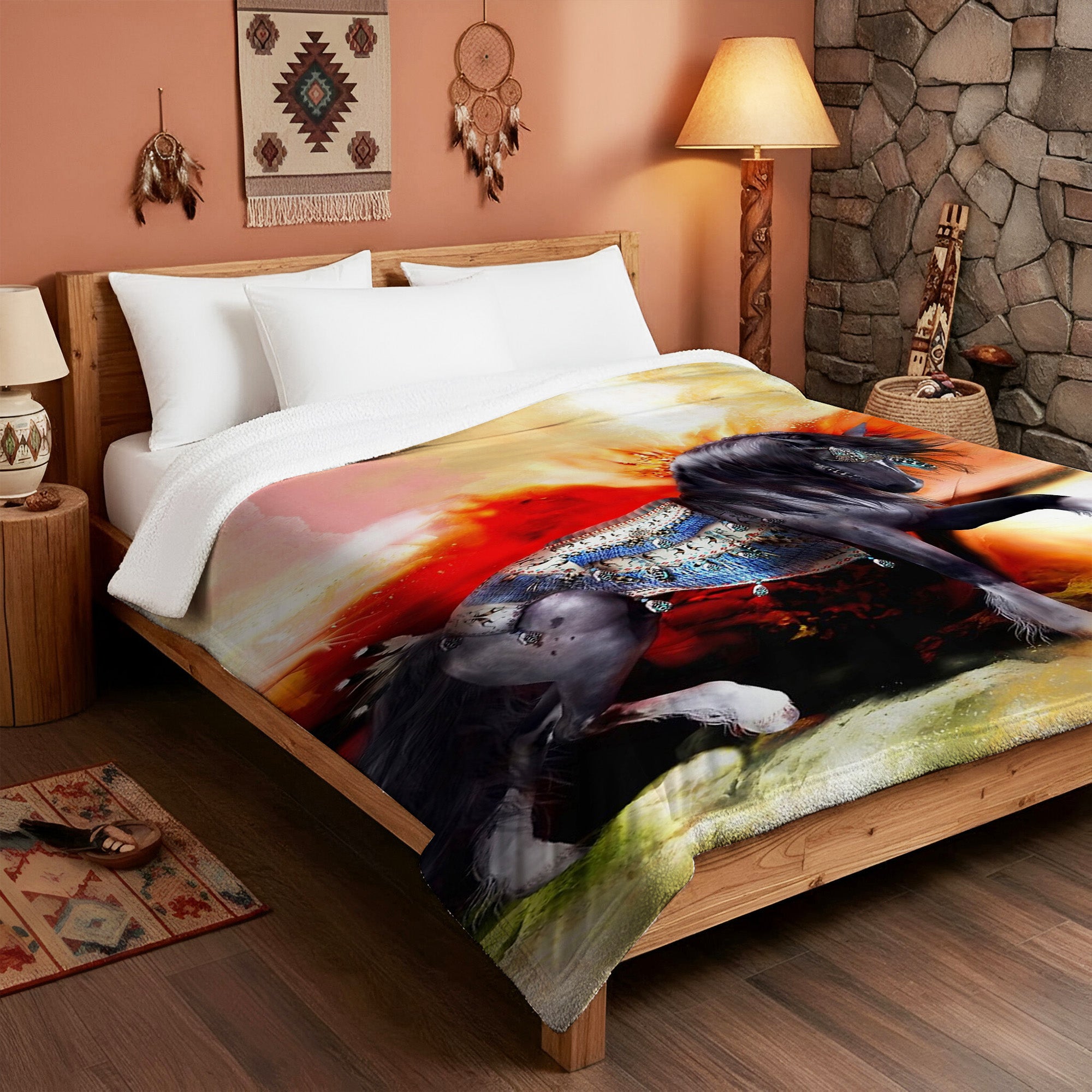 Native American Style Horse Soft And Warm Premium Fleece Blanket