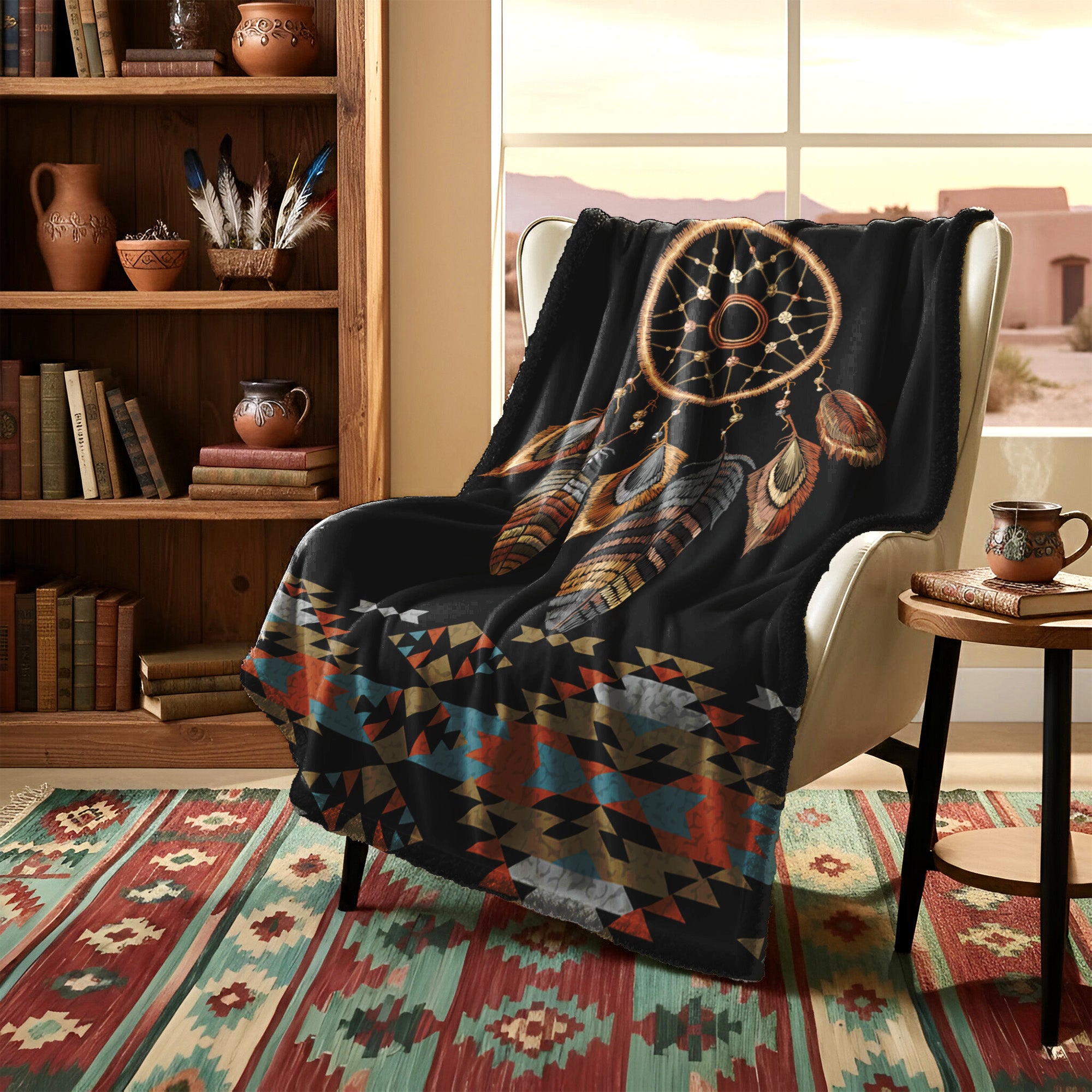 Native American Style Black Big Dreamcatcher Soft And Warm Fleece Blanket