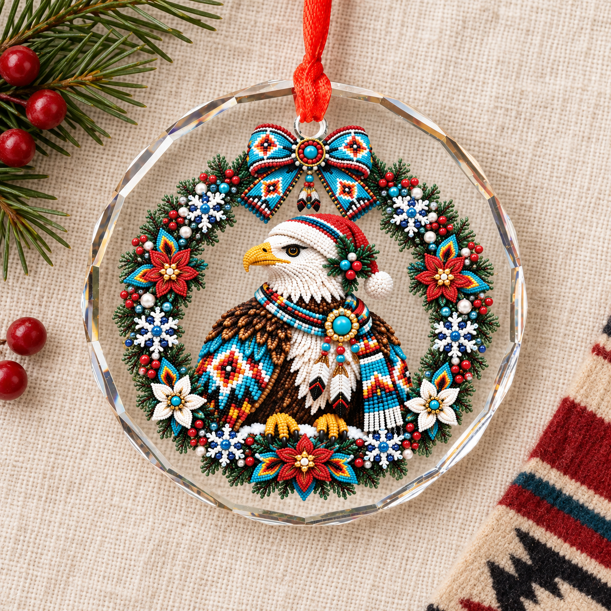 Native Beaded Eagle Santa Glass Ornament – Indigenous Art Decor
