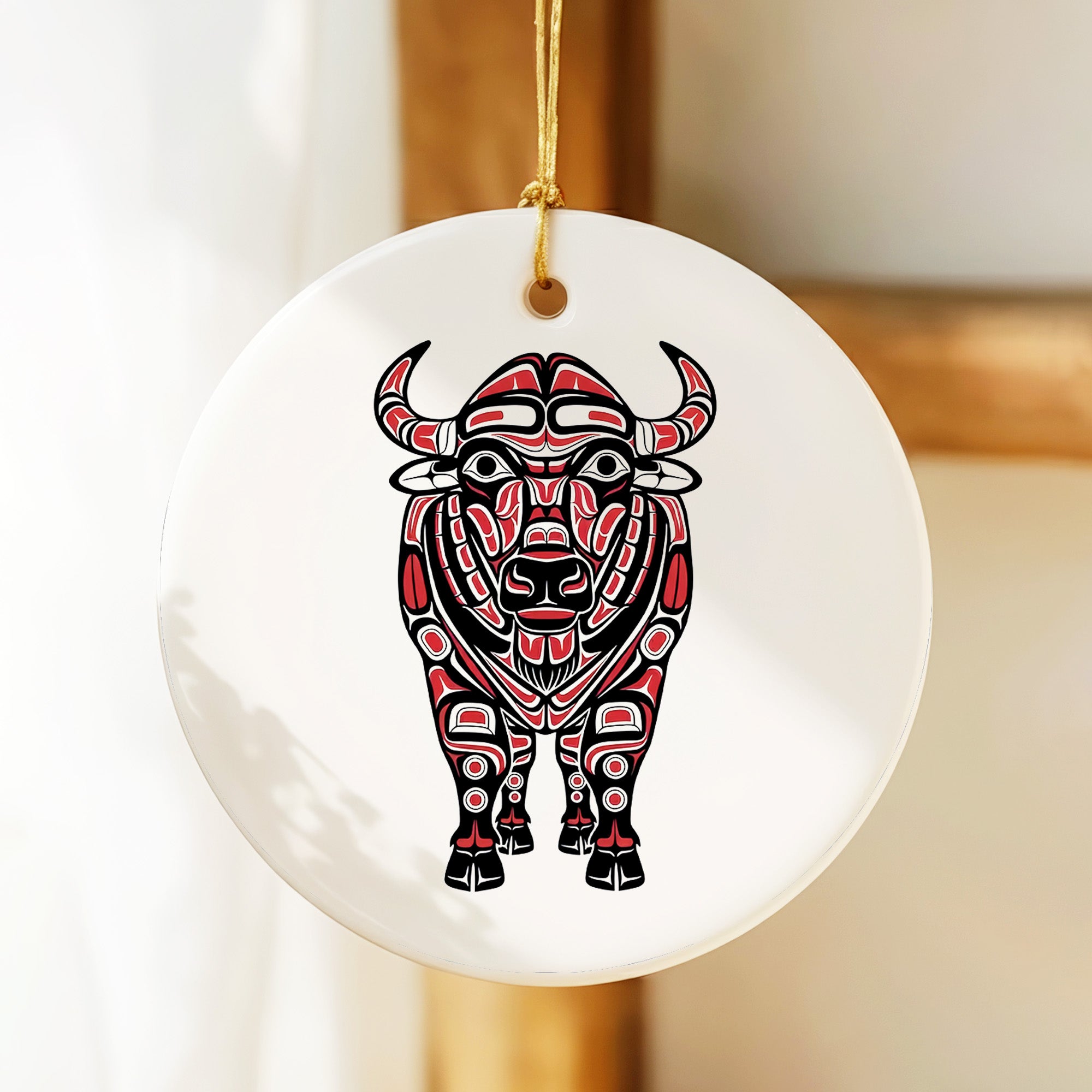 Native Buffalo Spirit Ceramic Ornament – Handcrafted Indigenous Art Decoration