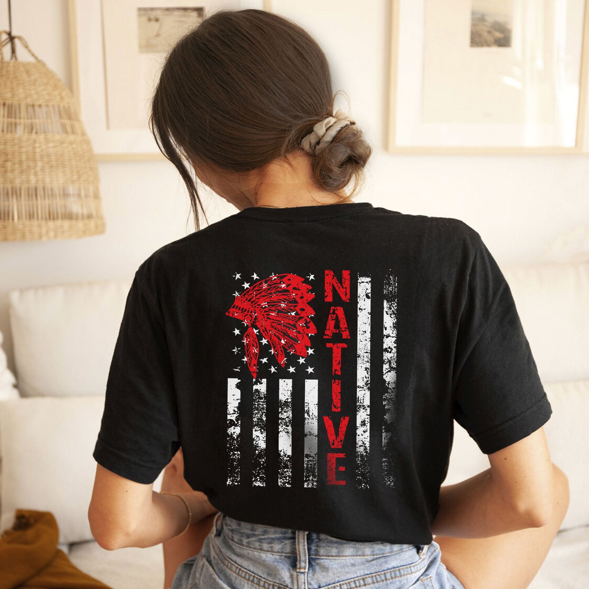 Indigenous American Flag T-shirt – Native Pride Red Headdress Unisex T-shirt/T-shirt V-Neck/Hoodie/Sweatshirt Two Sides