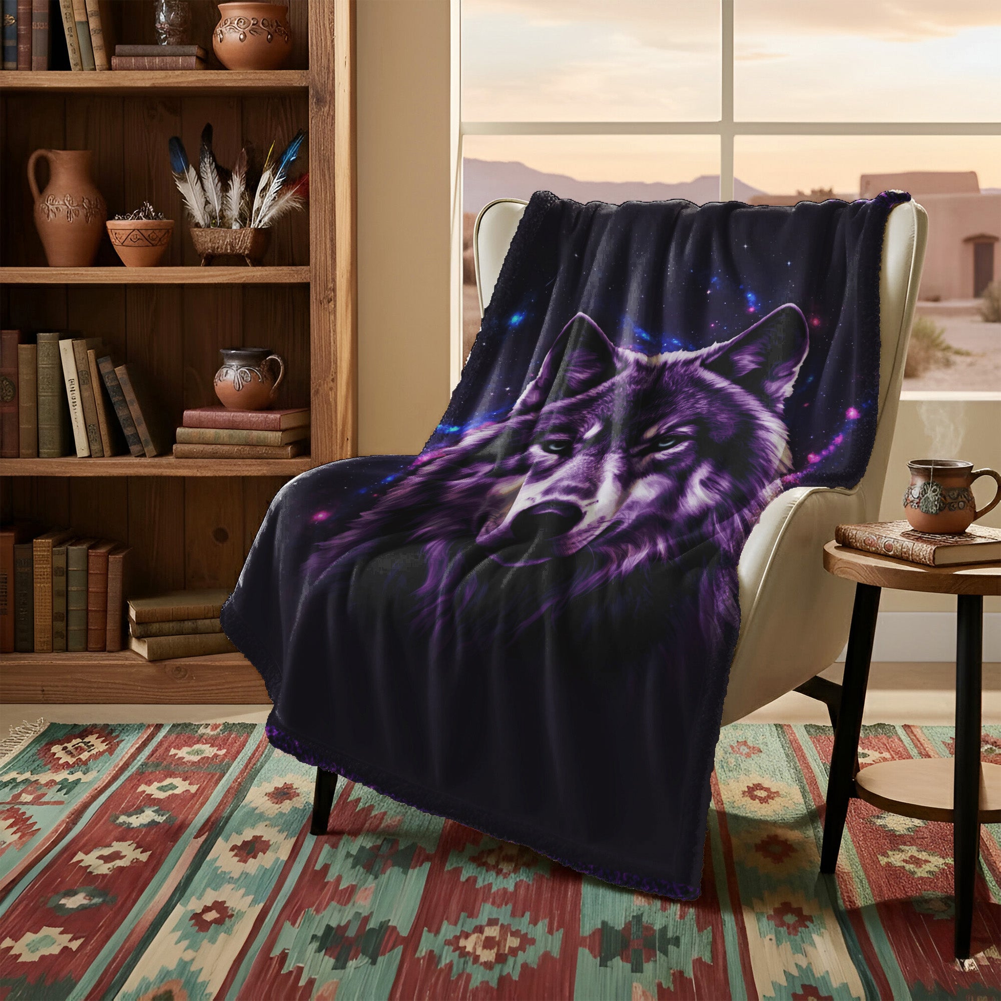 Spirit Wolf of the Purple Sky Native American Cozy Fleece Blanket