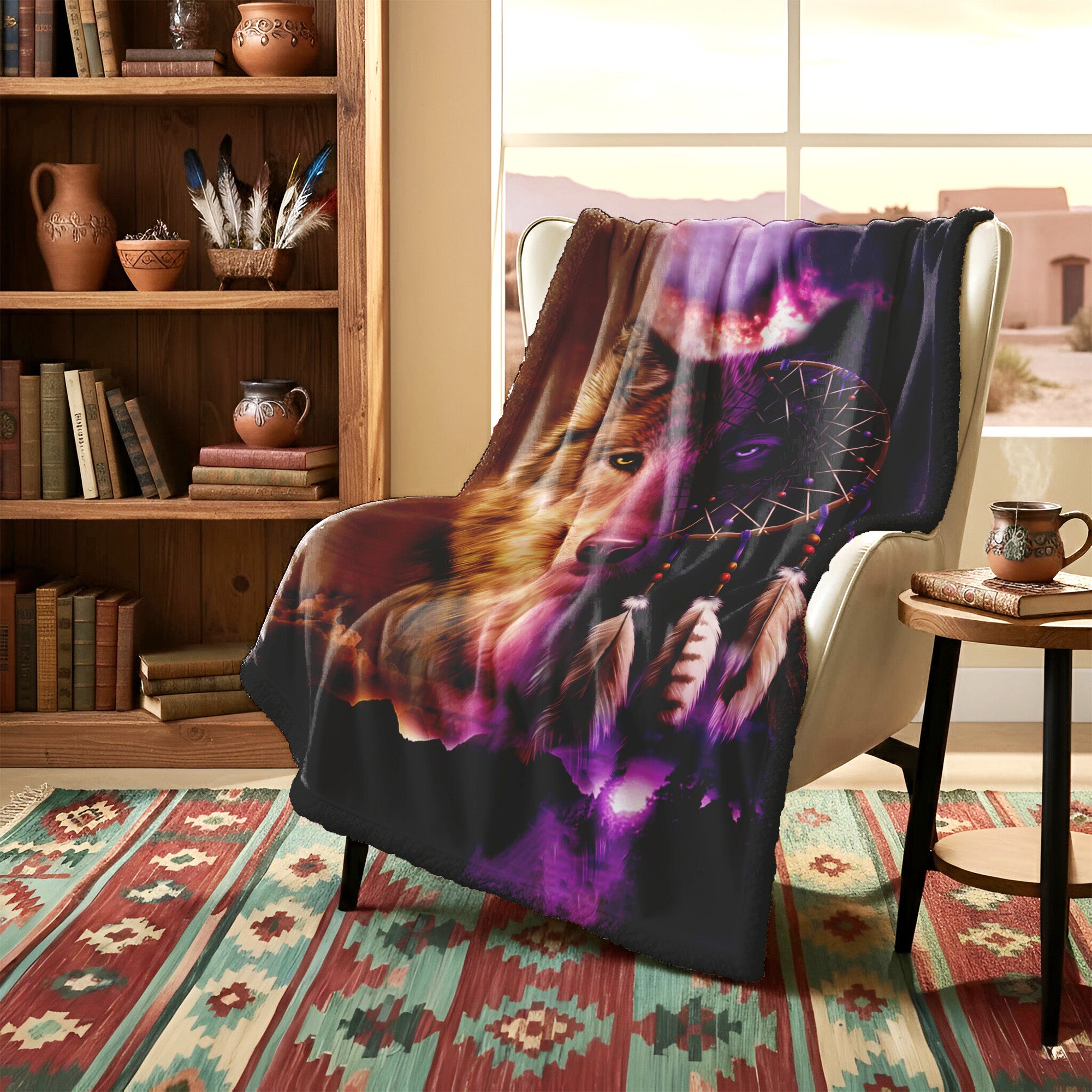 Native American Style  Wolf Native Soft And Warm Premium Fleece Blanket