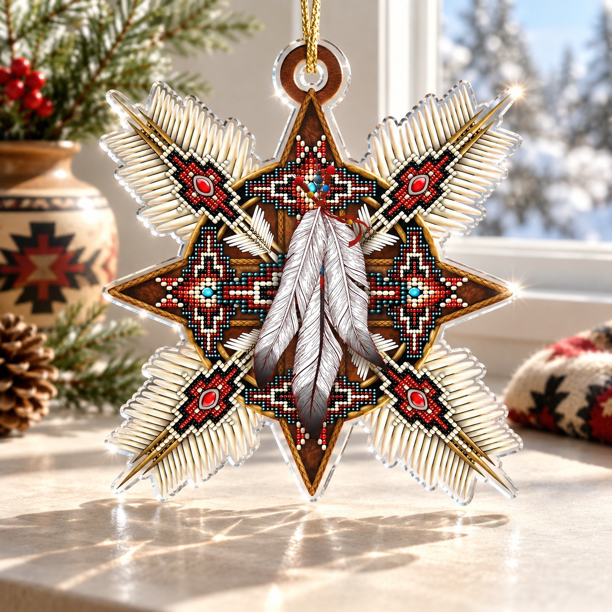 Native Beaded Star Ornament with Feathers Unique Gift Decor Flat Acrylic