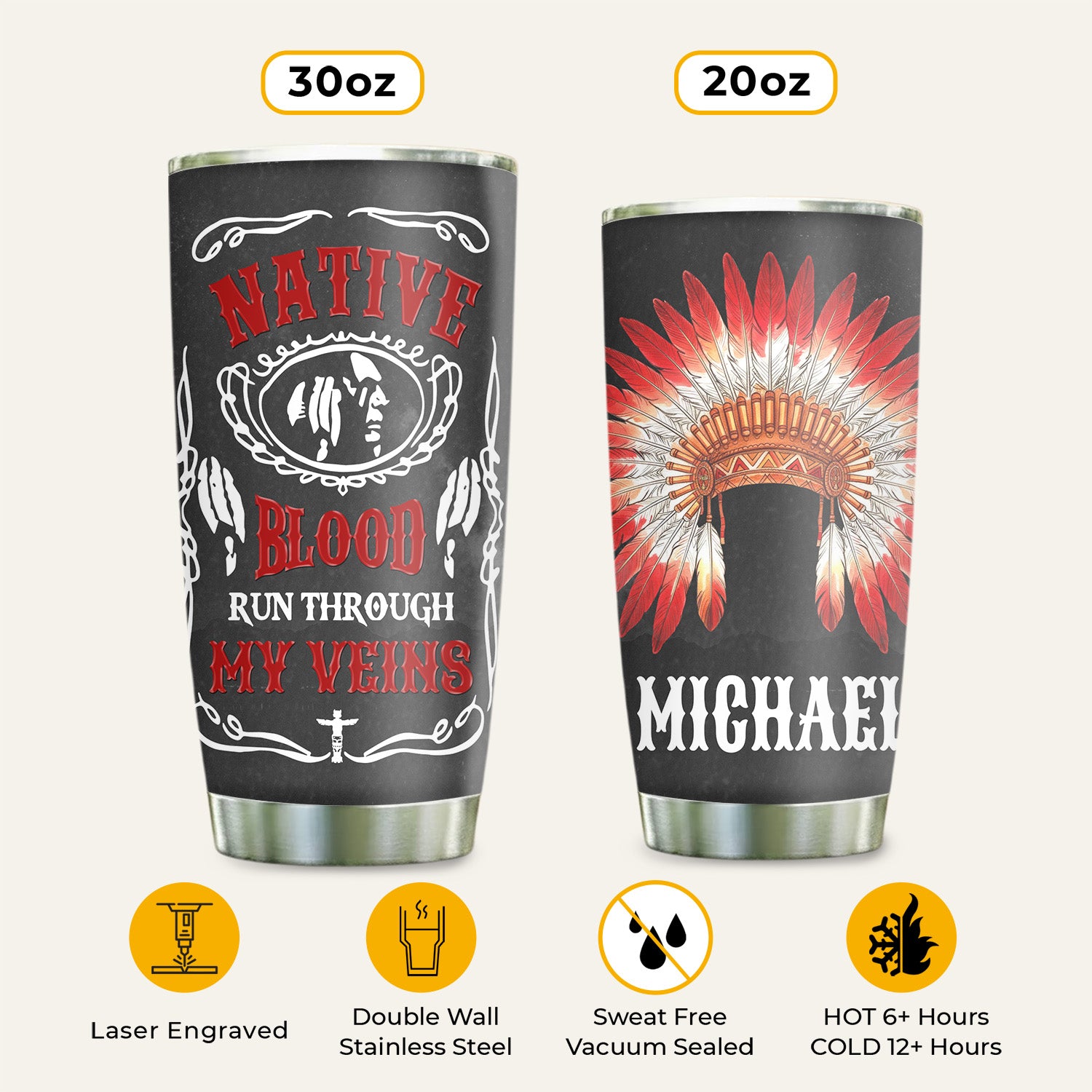 Native Blood Run Through My Veins Tumbler Stainless Steel Drinking Cup (Custom Name)