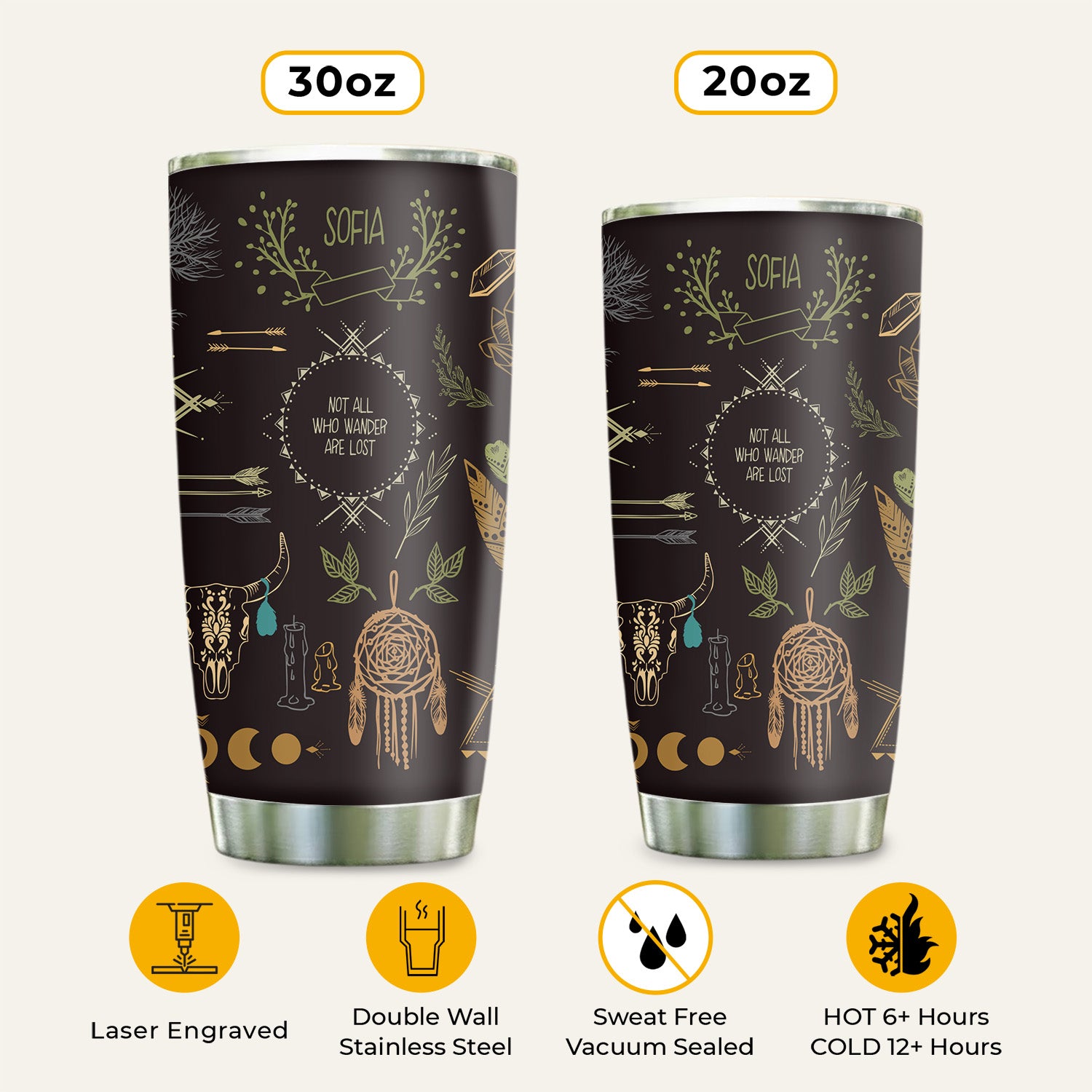 Boho Dreamcatcher Tumbler Stainless Steel Drinking Cup (Custom Name)