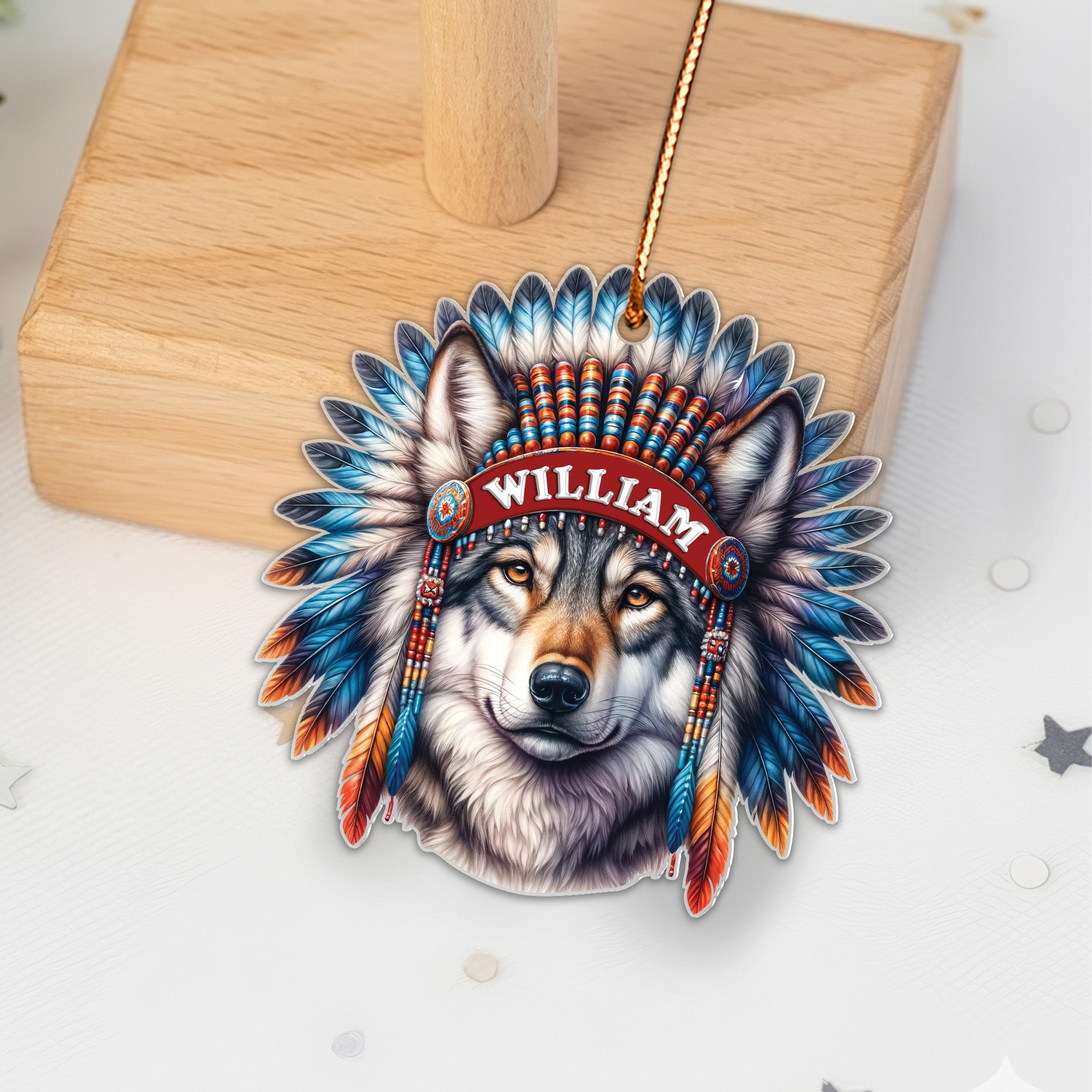 Wolf Spirit Feather Ornament Native American Unique Christmas Gift Decor Flat Acrylic (Custom Name)