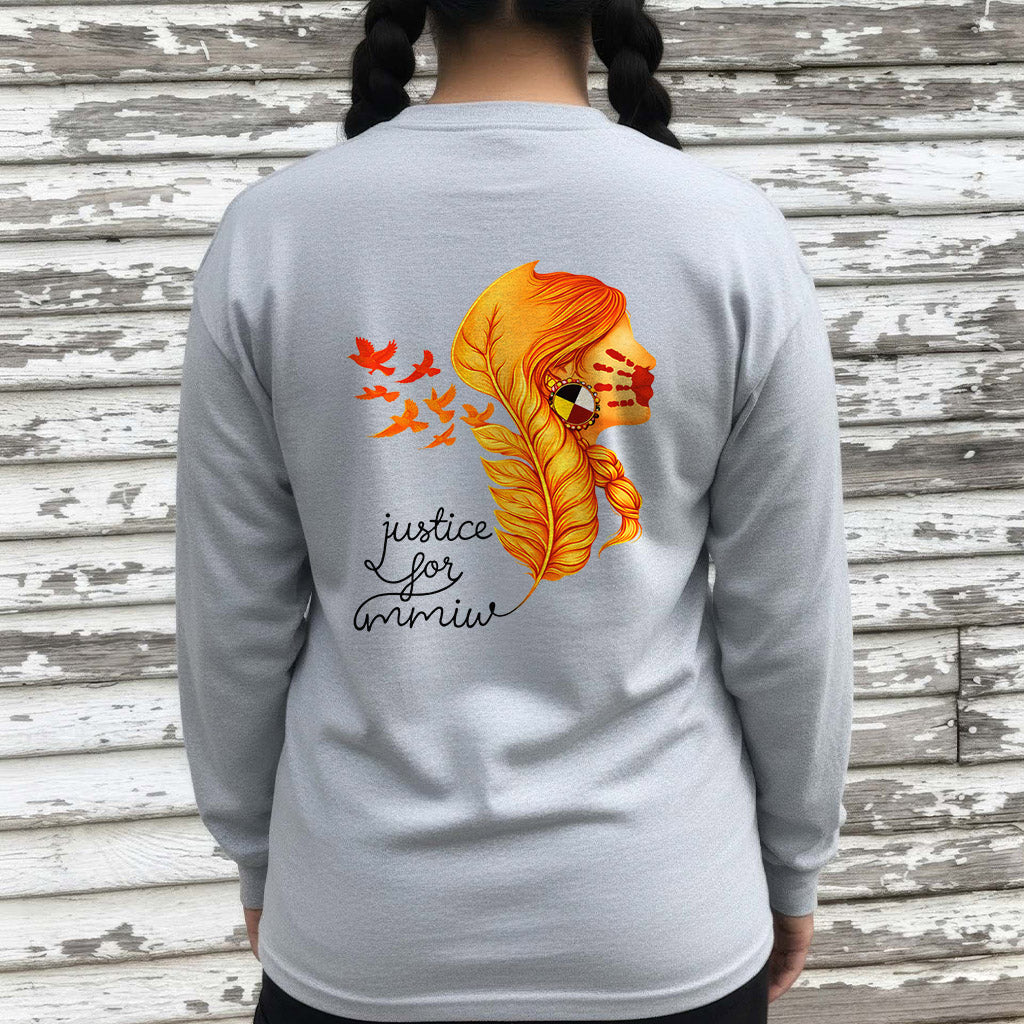[Two Sides] Justice for MMIW Hoodie - Indigenous Woman with Feather Design Unisex Tank Top/Long Sleeve/Hoodie Zip