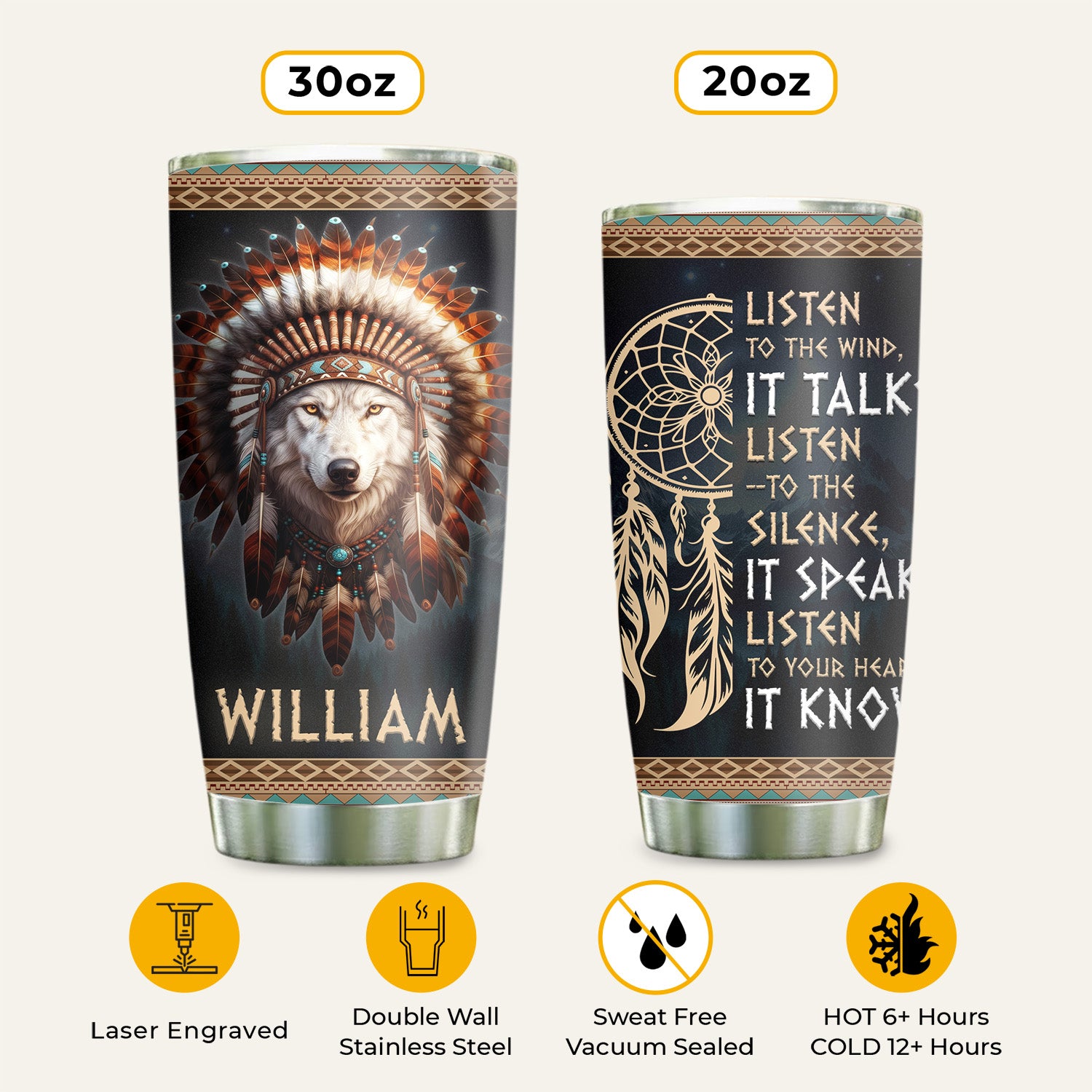 Warrior Wolf Tumbler Stainless Steel Drinking Cup (Custom Name)