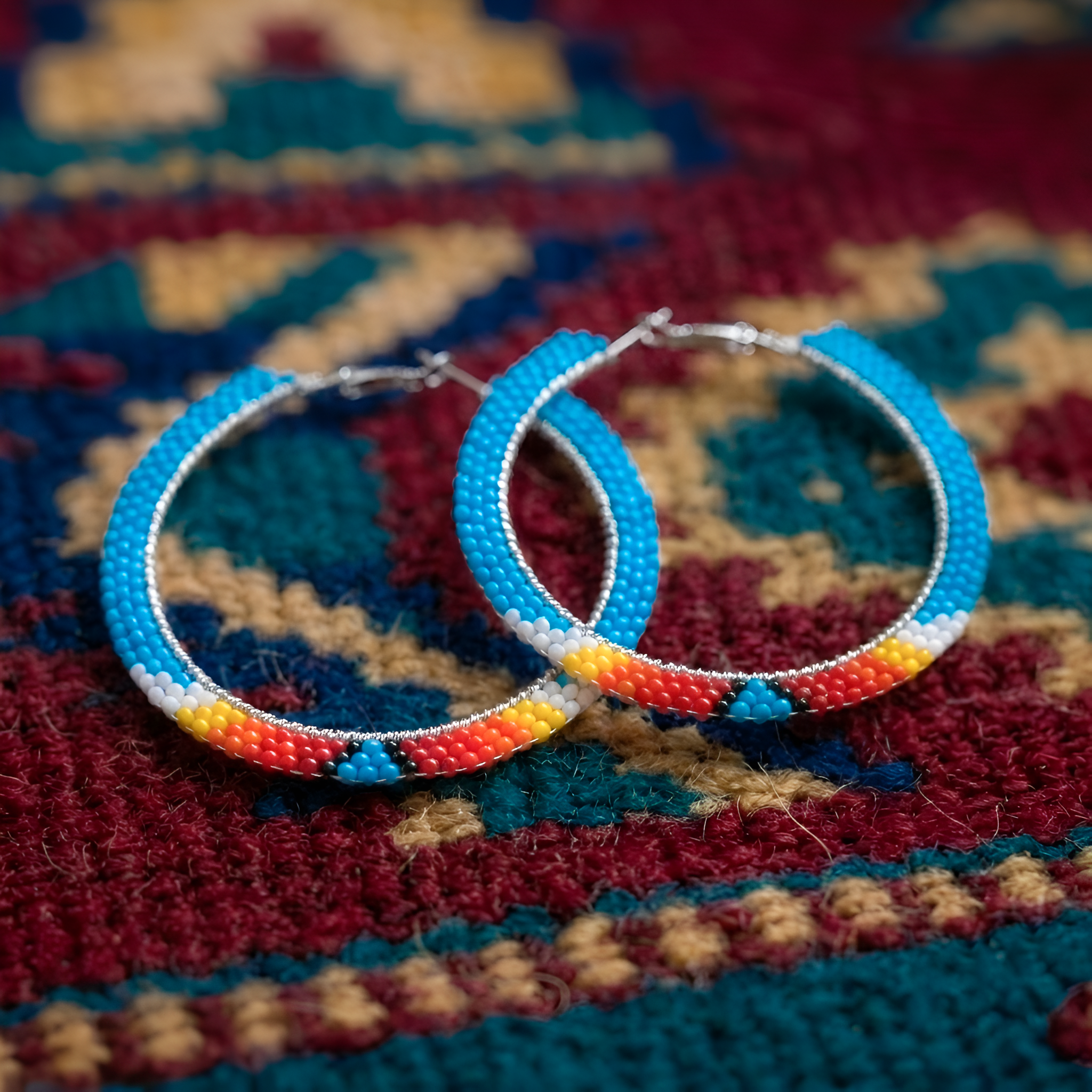 Native American Turquoise Beaded Hoop Earrings – Handmade Seed Bead Statement Jewelry
