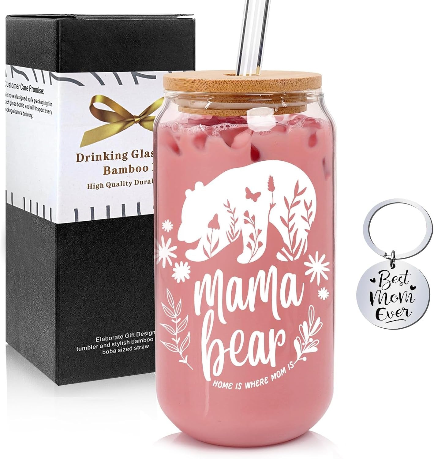 Mama and Grandma Bear - Borosilicate Glass Cup with Lid and Straw - Gift for Grandma and Mom, Special Grandma and Mom Appreciation Gift