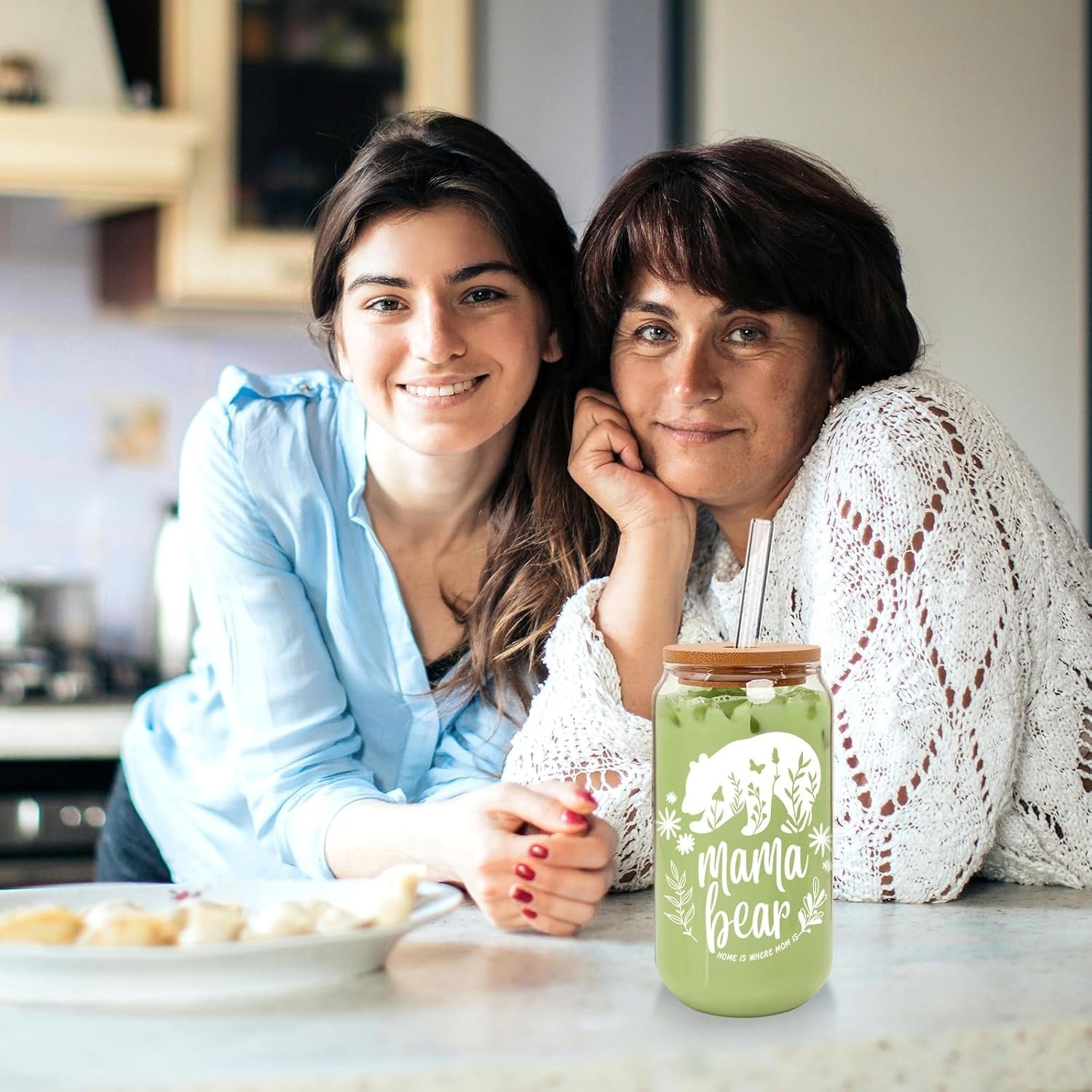 Mama and Grandma Bear - Borosilicate Glass Cup with Lid and Straw - Gift for Grandma and Mom, Special Grandma and Mom Appreciation Gift