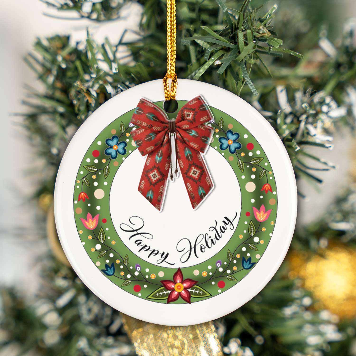 Tribal Bow Wreath Ceramic & Acrylic Round Ornament Native-Inspired Holiday Decor