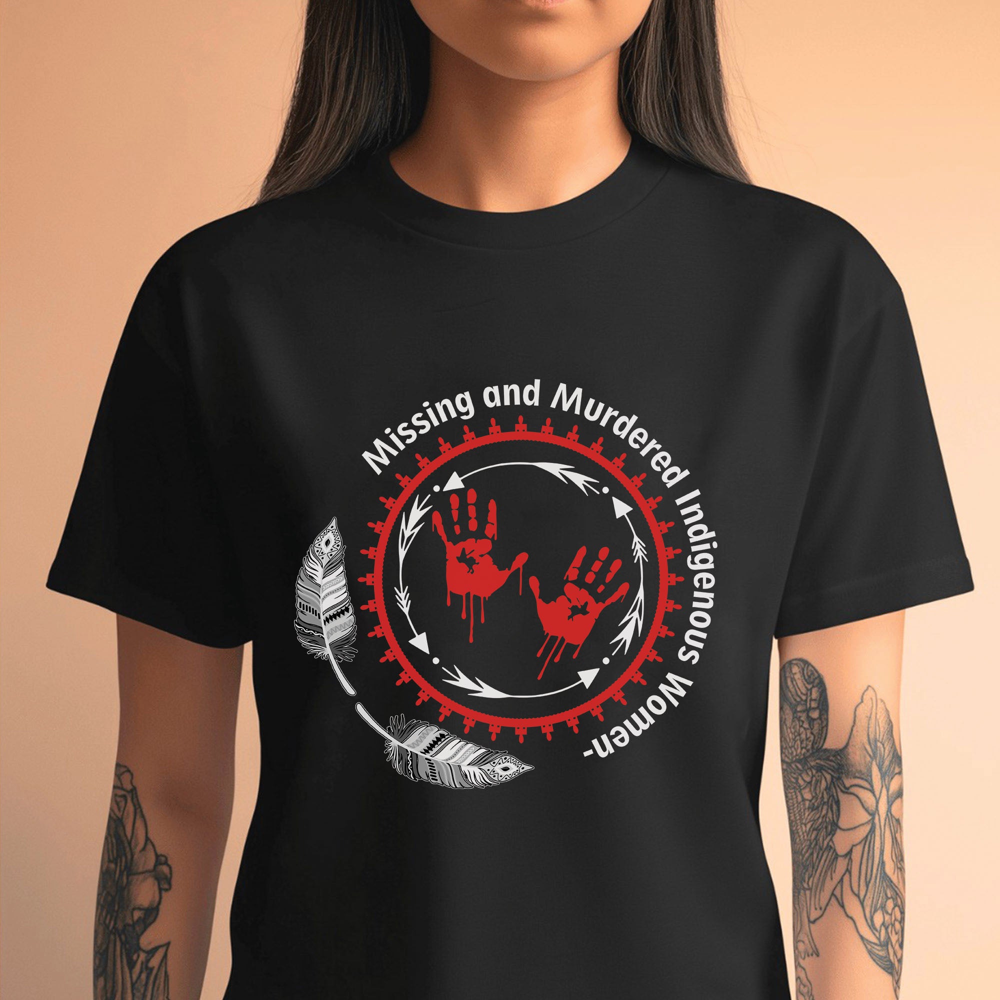 MMIW Awareness Honoring MMIW – Red Tee with Handprint & Sacred Feather Unisex T-shirt/T-shirt V-Neck/Hoodie/Sweatshirt