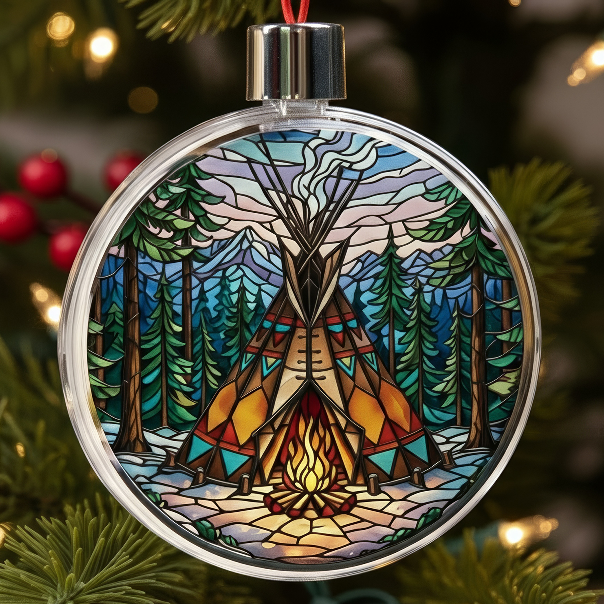 Native Teepee Stained Glass Design Clear Plastic and Aluminium Ornament Unique Christmas Gift Decor