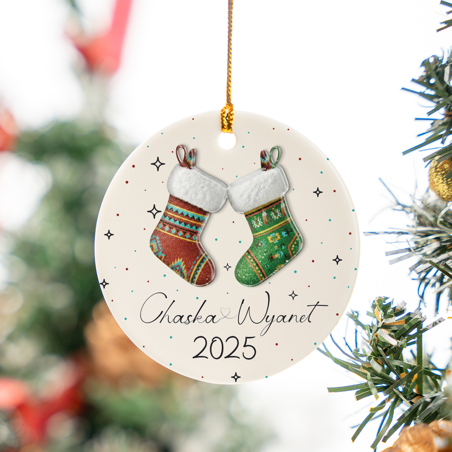 Couples Stocking Ceramic & Acrylic Round Ornament Native-Inspired Holiday Decor (Custom Name)