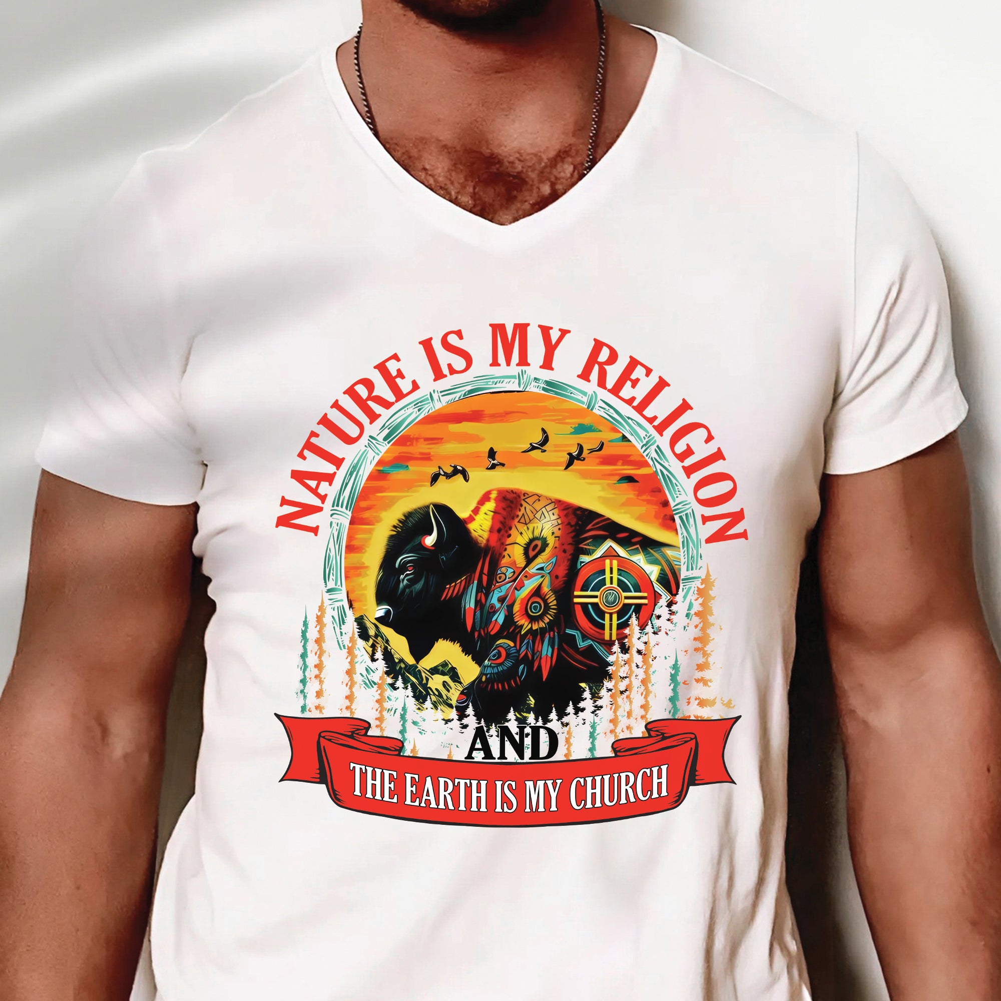 Nature Is My Religion Earth Is My Church Native American Art Buffalo Design Unisex T-shirt/T-shirt V-Neck/Hoodie/Sweatshirt