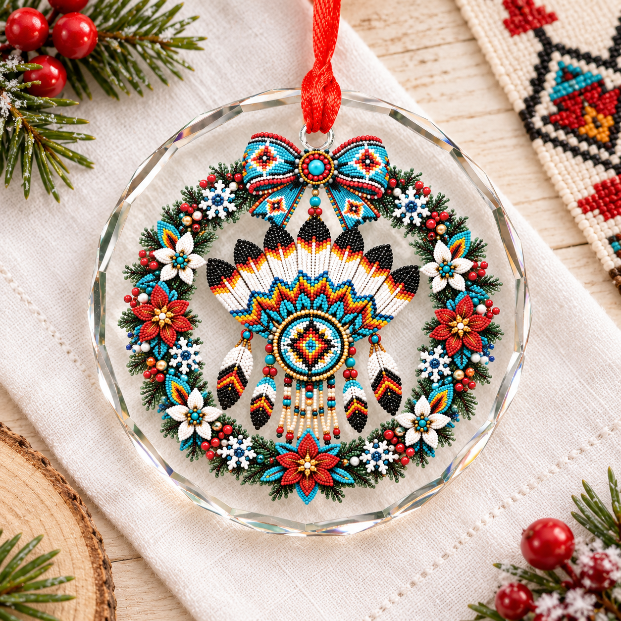 Native Beaded Chief Headdress Glass Ornament – Indigenous Art Decor