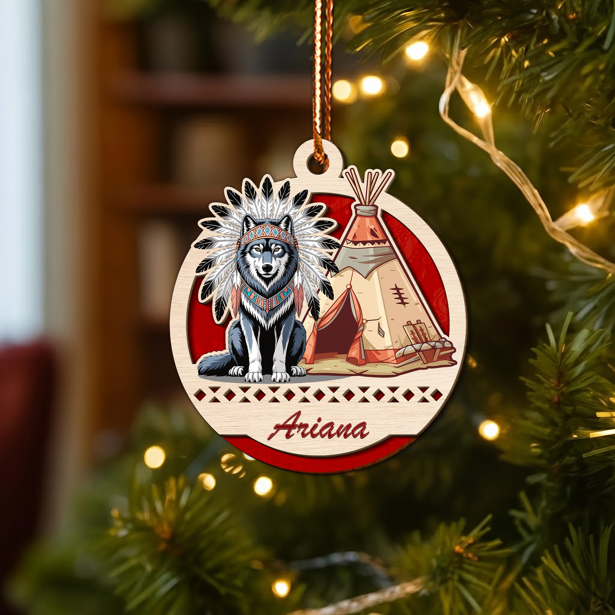 Wolf and Teepee Family Ornament Unique Christmas Gift Decor Two Layered Wood (Custom Name)