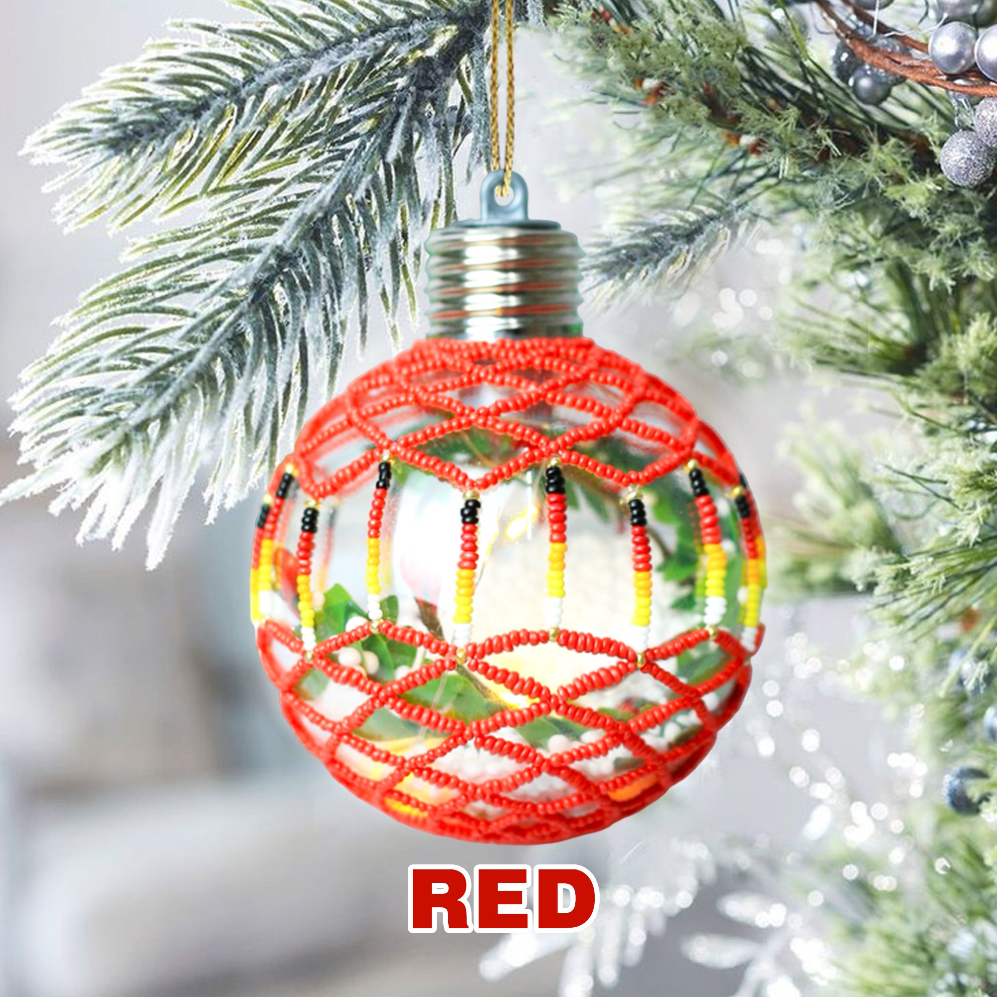 SALE 50% OFF - Red Sparkly Handmade Beaded Ornament with Luminous Lights Premium