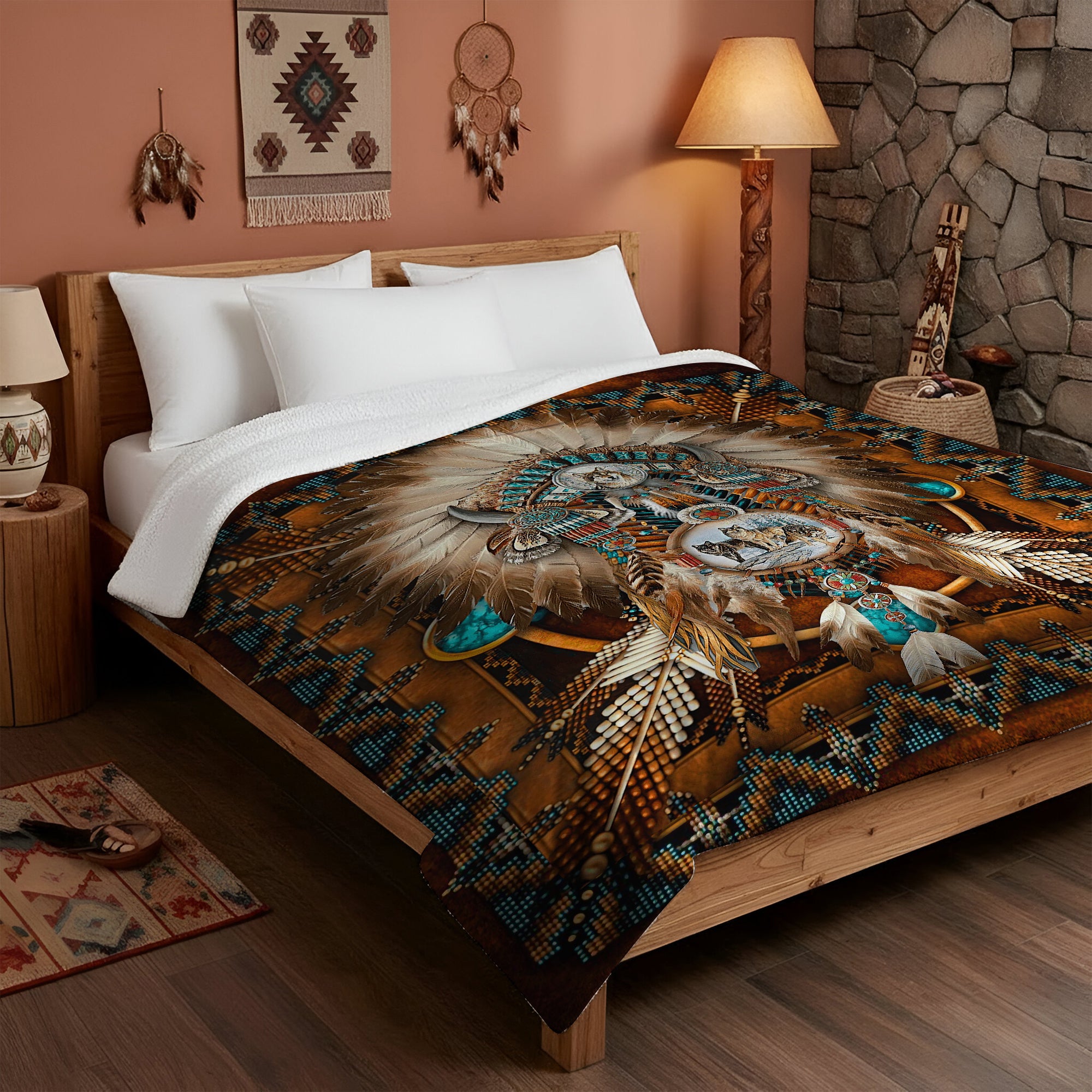 Wolf Spirit Dreamcatcher Native Spirit Art Premium Fleece Blanket