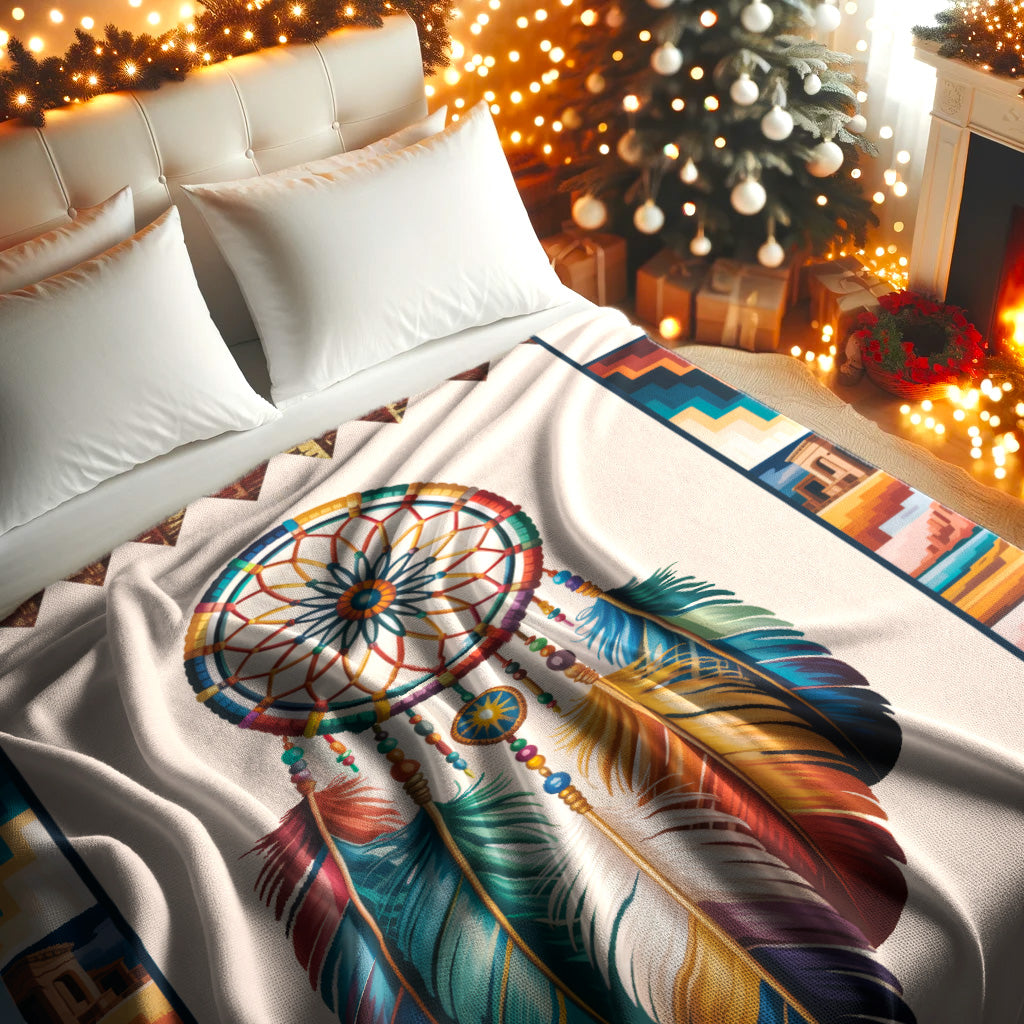 "The Dream Weaver" Boho Feather Native American Cozy Fleece Blanket