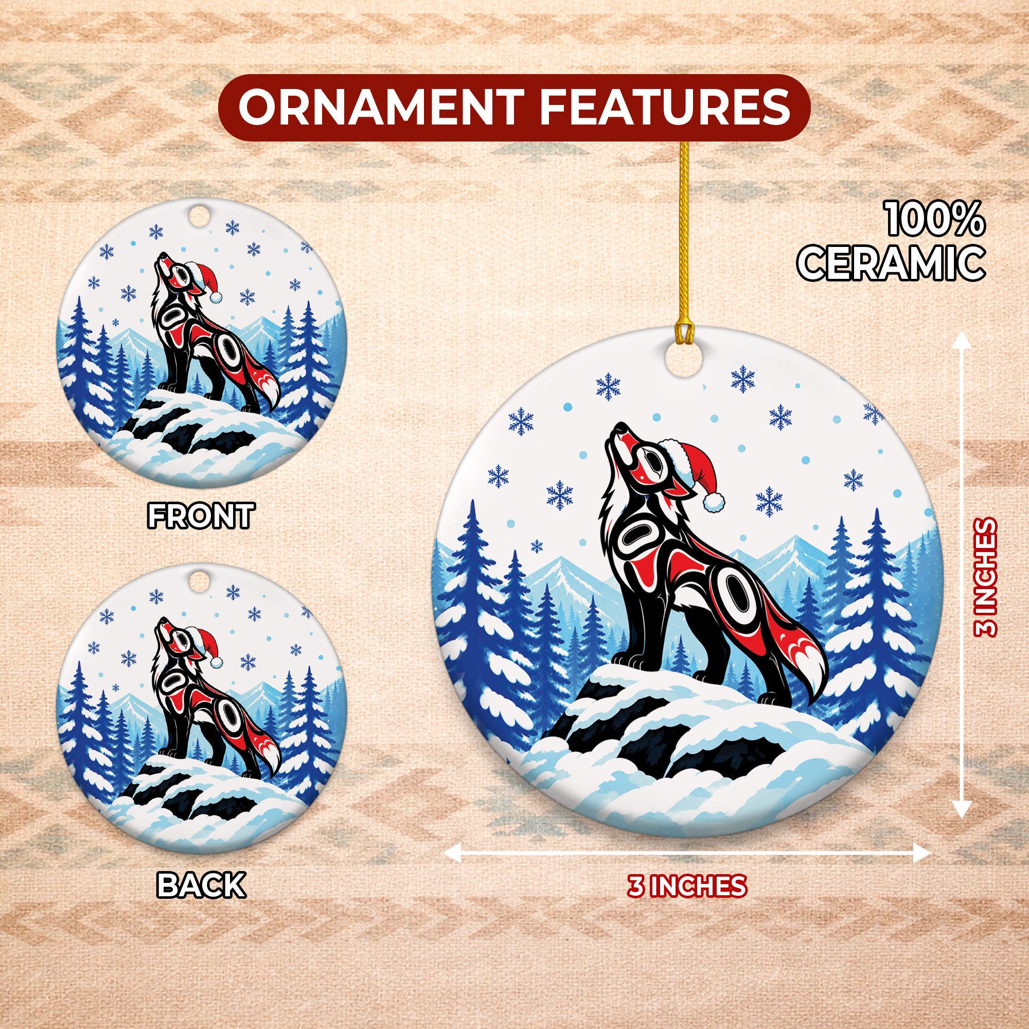 Howling Wolf Christmas Native Tribal Ceramic Ornament - Indigenous Art Decor