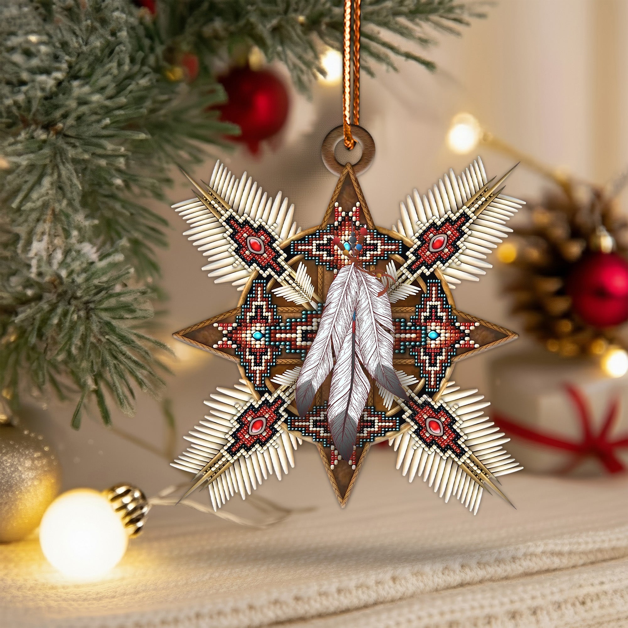Native Beaded Star Ornament with Feathers Unique Christmas Gift Decor Flat Acrylic