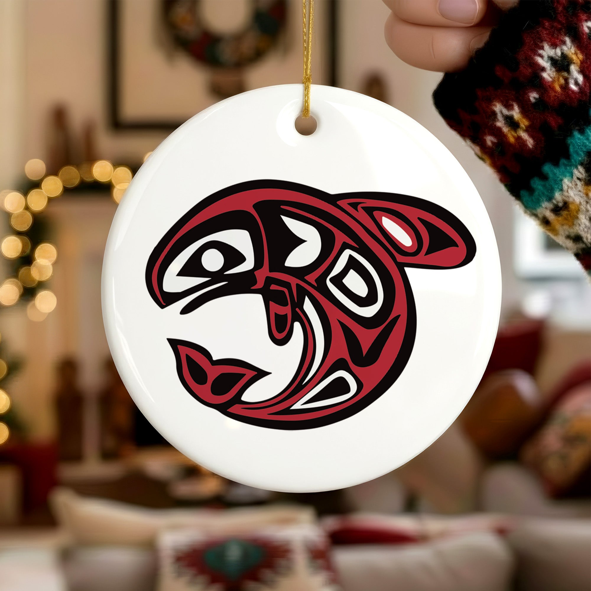 Native Orca Spirit Ceramic Ornament – Handcrafted Indigenous Art Decoration