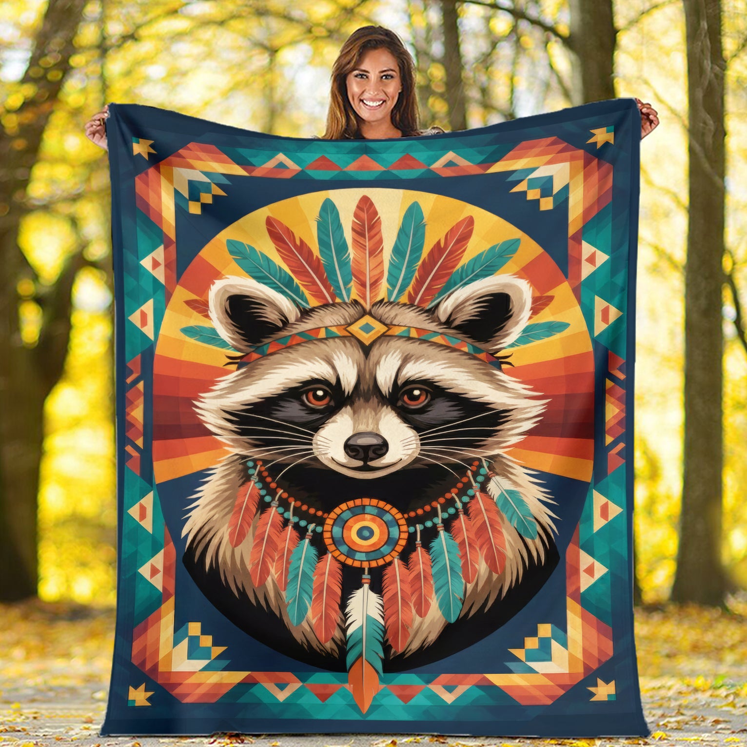 Colorful Feathered Raccoon Native American Cozy Fleece Blanket